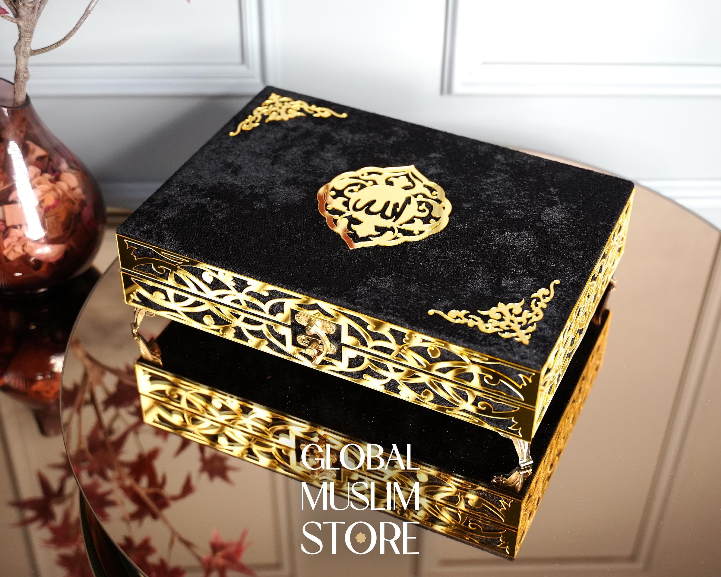 Quran Set | Velvet Quran Gift, Lux shawl scarf, Pearl Prayer Beads Tasbeeh, Decorative 99 Names of Allah Wood Case | Islamic Muslim Gift Set - image 3