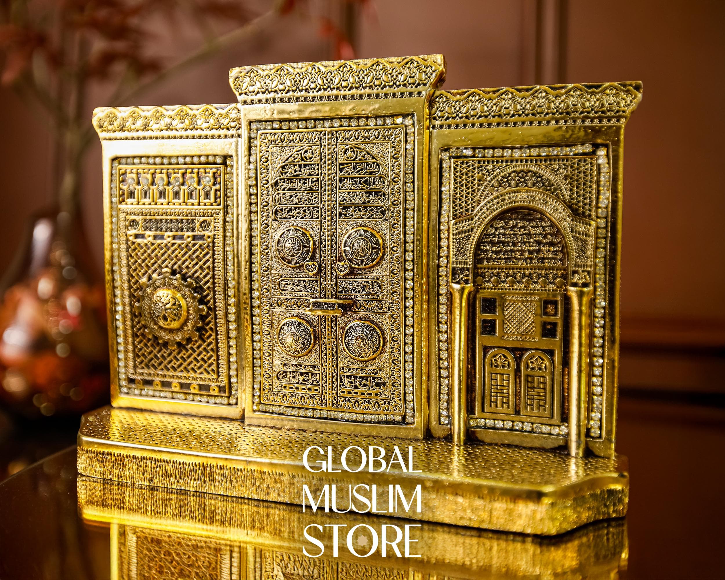 Kaaba Door Figurine with Ayat al-Kursi and Vav Motif | Gold Plated Allah & Muhammad Names Islamic Home Decor Gift | Gift For Muslims