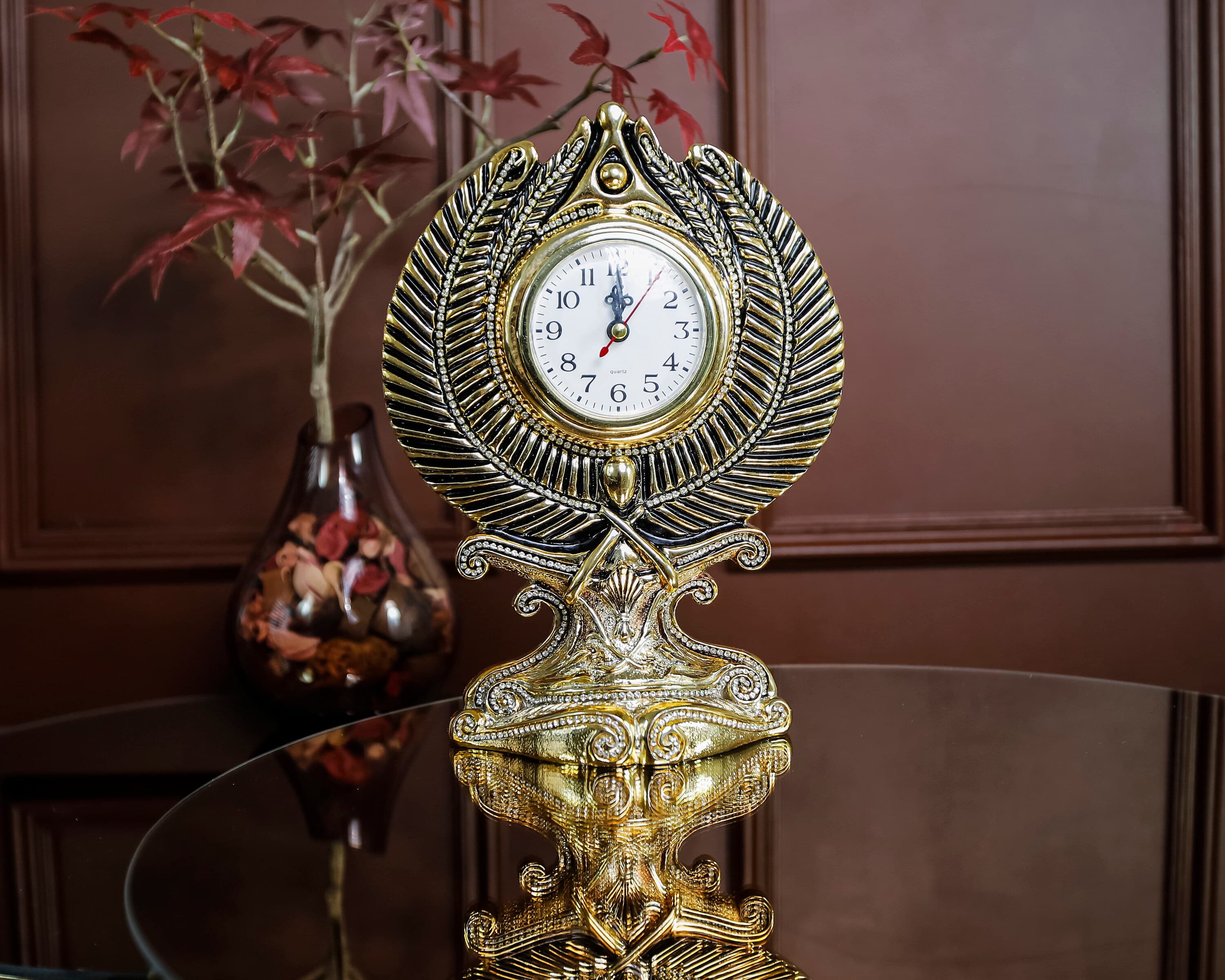 Luxury Gold Table Clock, Antique Decorative Desk Clock, Vintage Style Clock for Home Decor, Ornate Gold Plated Clock, Elegant Desk Clock,