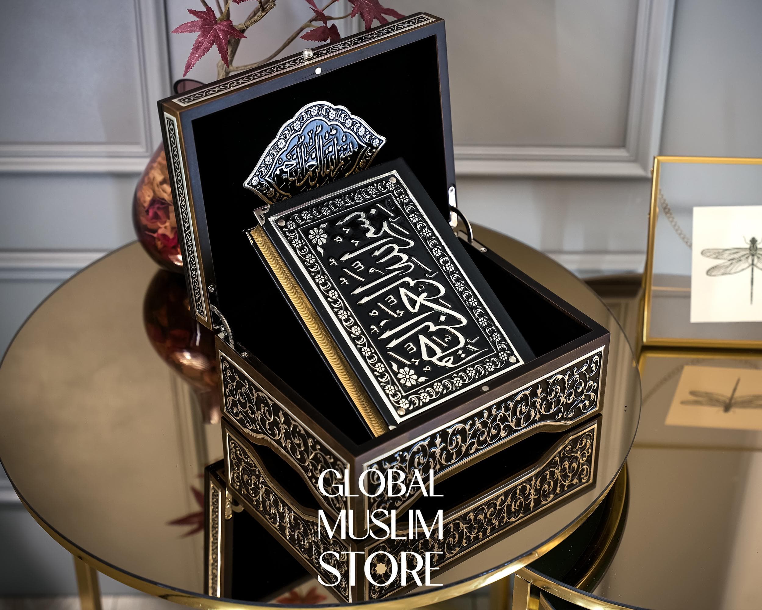 Quran Gift, Islamic Gift, Gift For Muslim, Islamic Art, Luxurious Solid Wood Decorative Quran Case and The Holy Quran Set with Silver Inlays