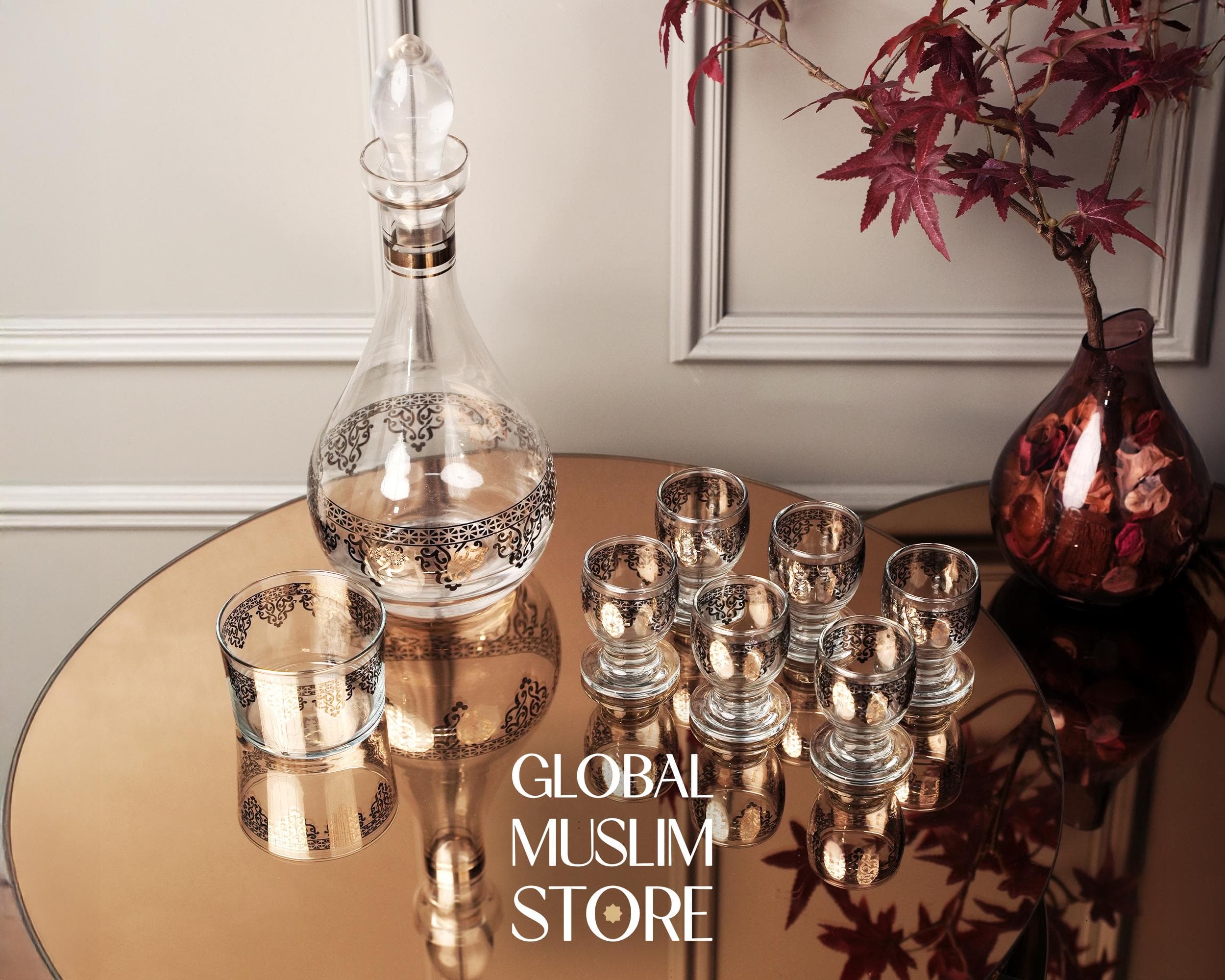Zamzam Water Set: Elegant Glass Art with Carafe & Cups - Islamic Drinkware | Drink Presentation - 8 Pieces