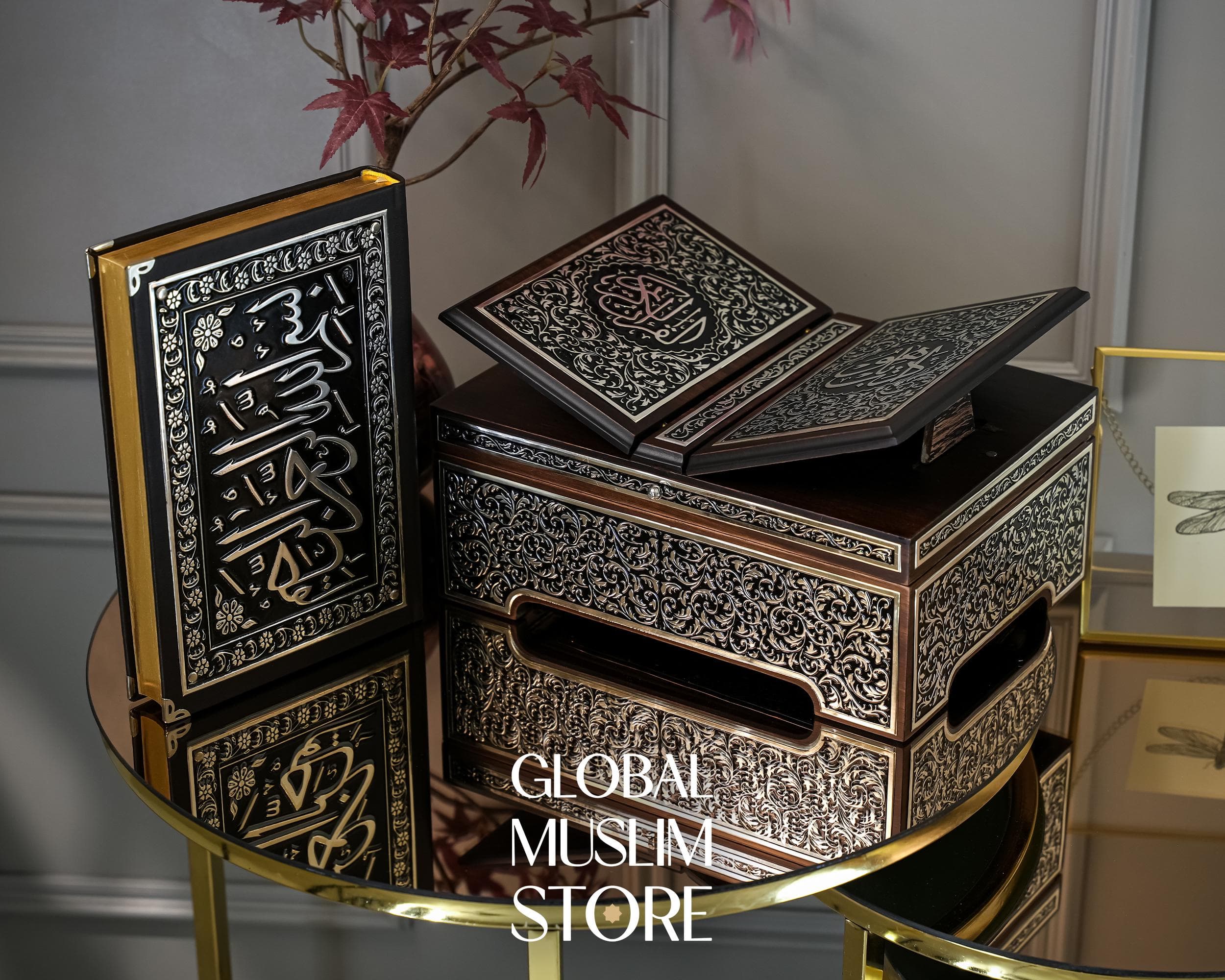 Quran, Quran Stand, Quran Box, Quran Reading Rehal, Lux Solid Wood Decorative Quran Case and Holy Quran with Silver Inlay Decorations - image 3