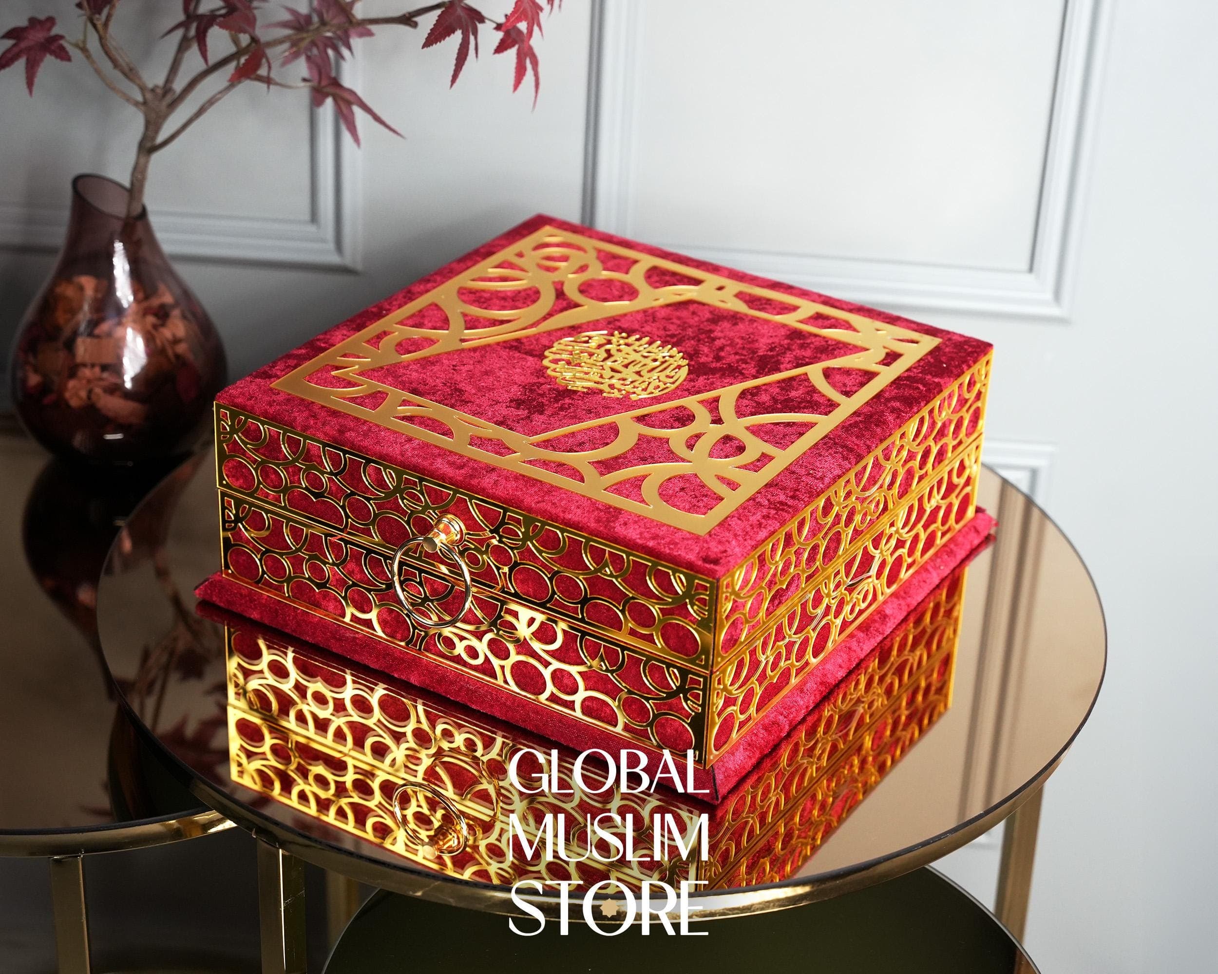 Quran For Gift | Velvet Quran Gift, Luxury Prayer Rug, Pearl Prayer Beads, Electronic Counter Tasbeeh Set | Religious Presents | Red & Gold - image 3