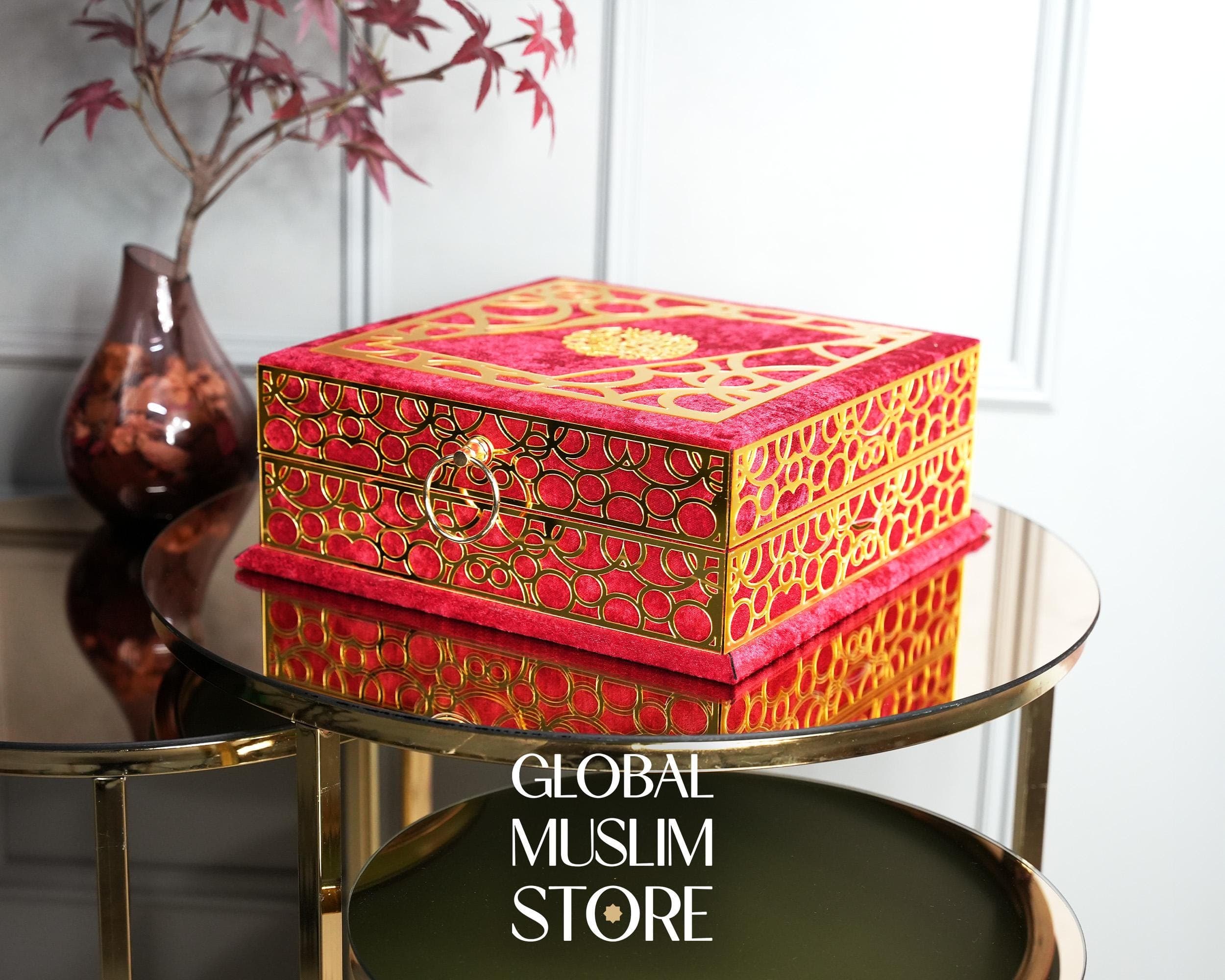 Quran For Gift | Velvet Quran Gift, Luxury Prayer Rug, Pearl Prayer Beads, Electronic Counter Tasbeeh Set | Religious Presents | Red & Gold - image 5