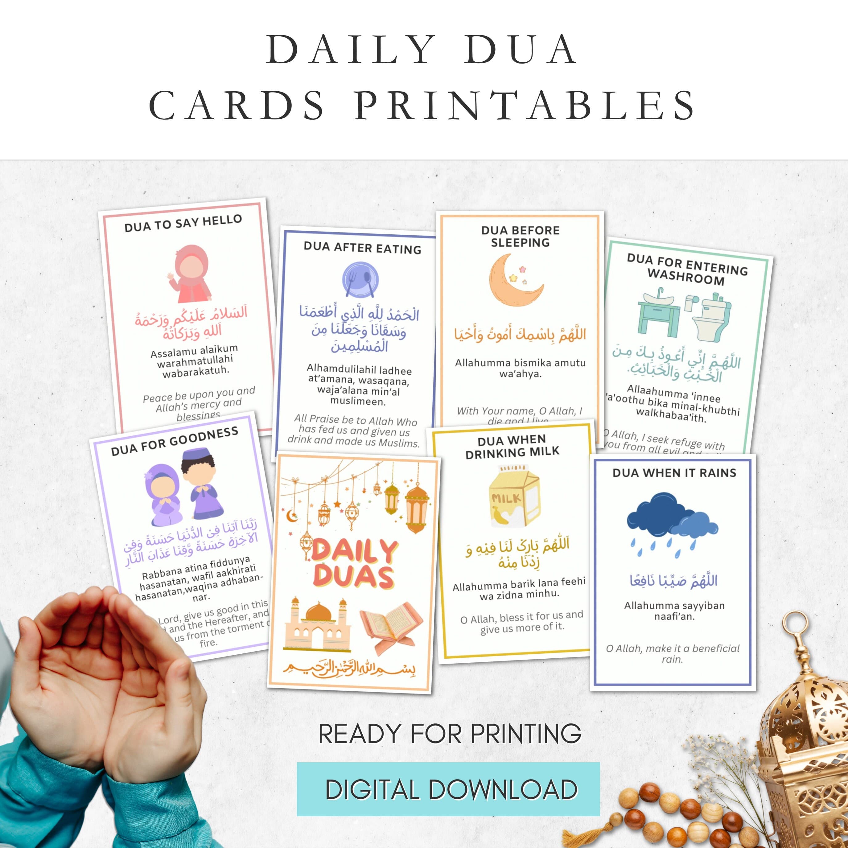 Daily Islamic dua cards printables. Duas flash cards for Muslim kids.