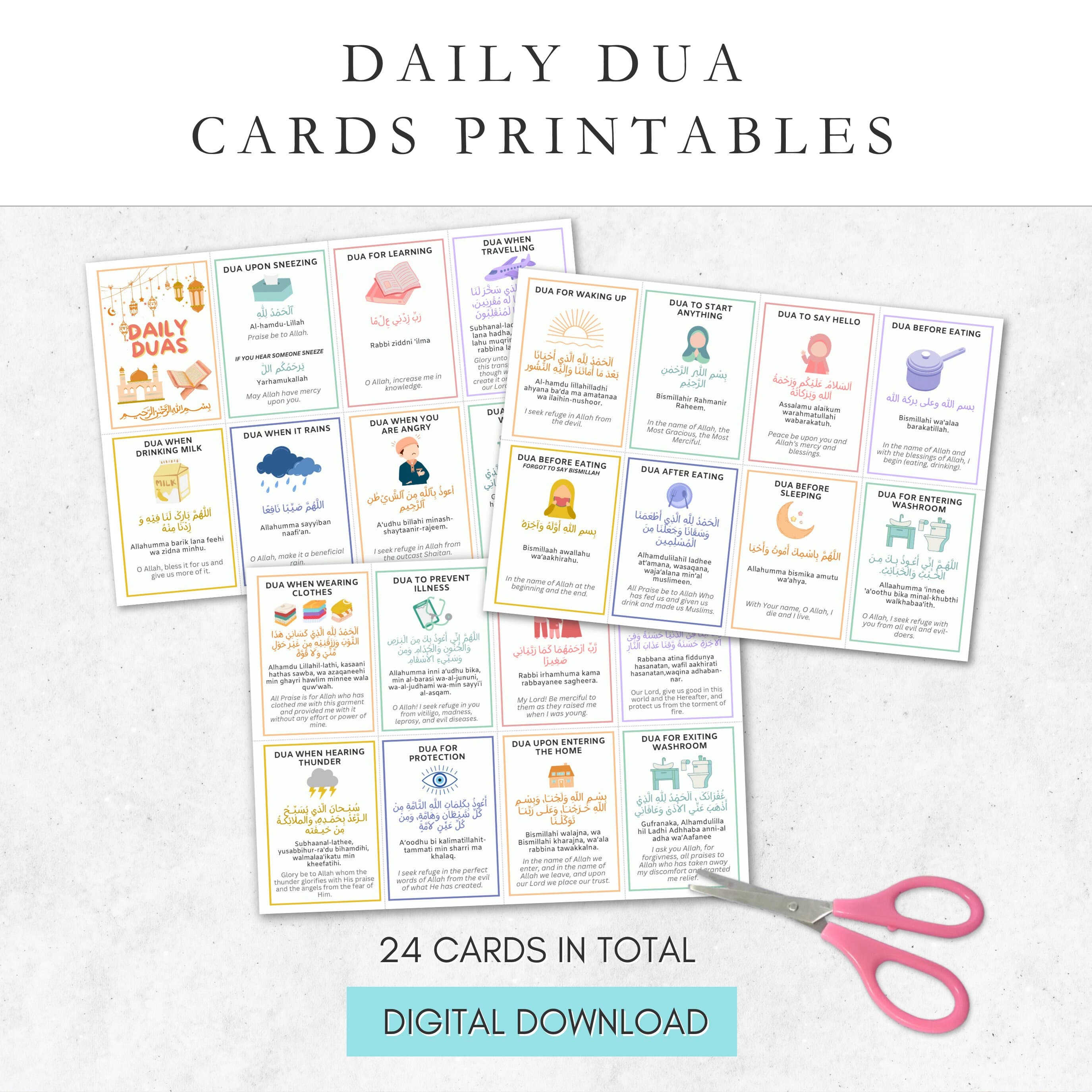Daily Islamic dua cards printables. Duas flash cards for Muslim kids.