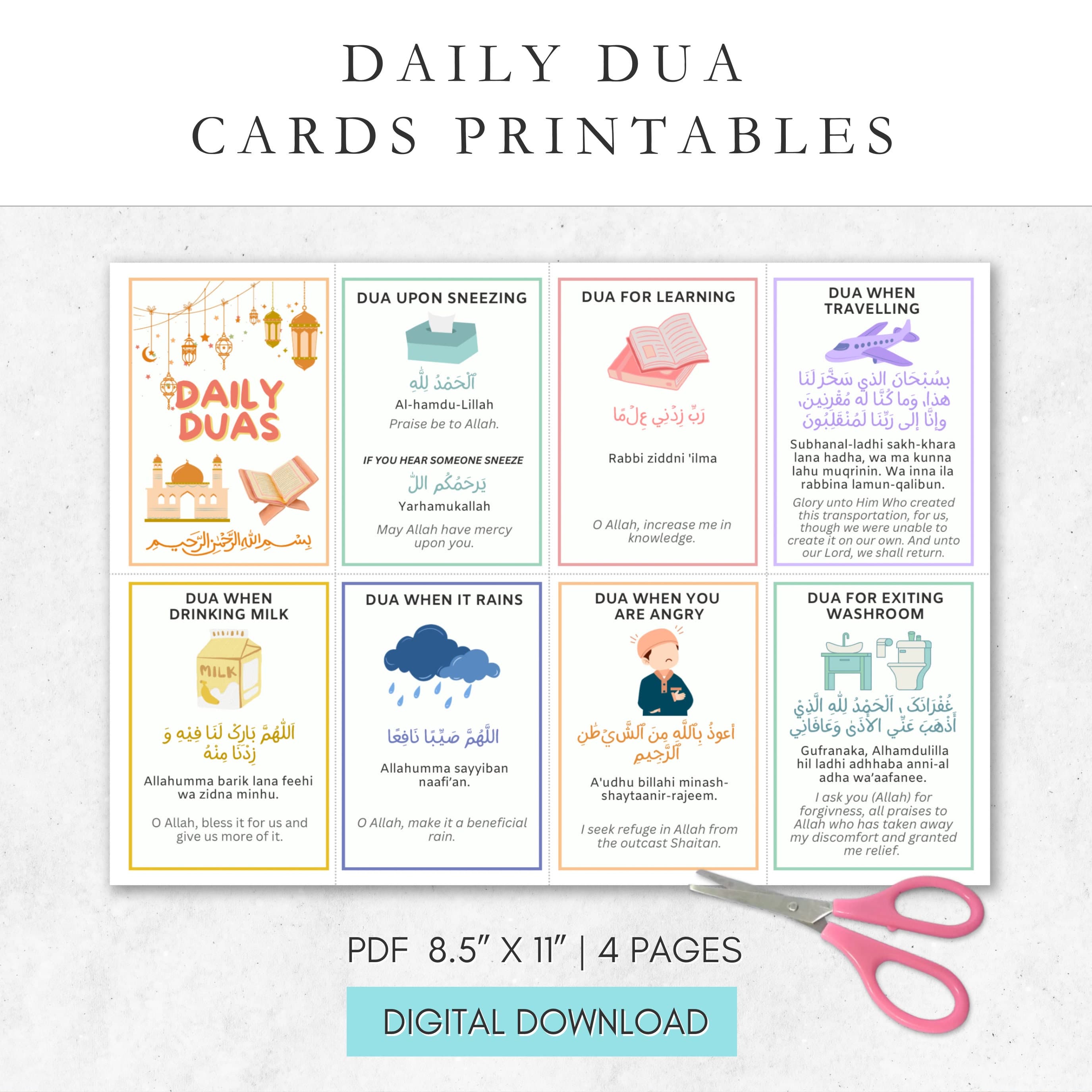 Daily Dua Flashcards: Kids Islamic Printable Prayer Cards (Digital Download)