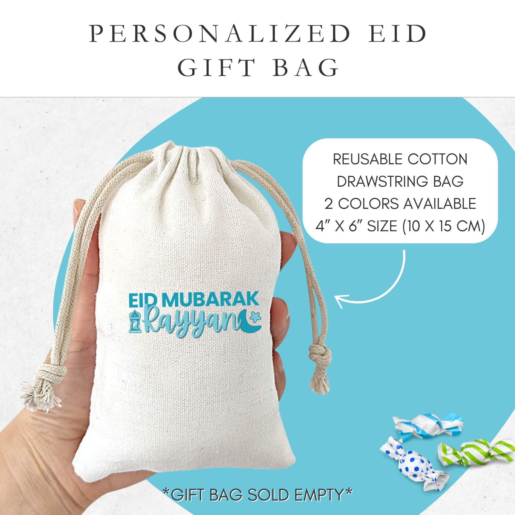 Personalized Eid Mubarak Cotton Gift Bag: Reusable Favor Sack (4x6 in)