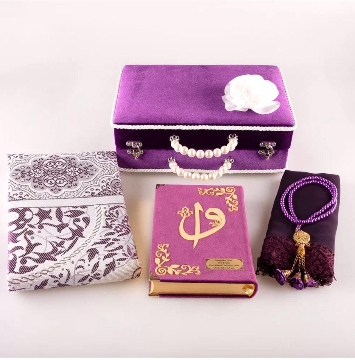 Purple Box Bridal Gift Set: Shawl + Prayer Mat + Prayer Beads + Quran (Velvet, Hafiz Size)