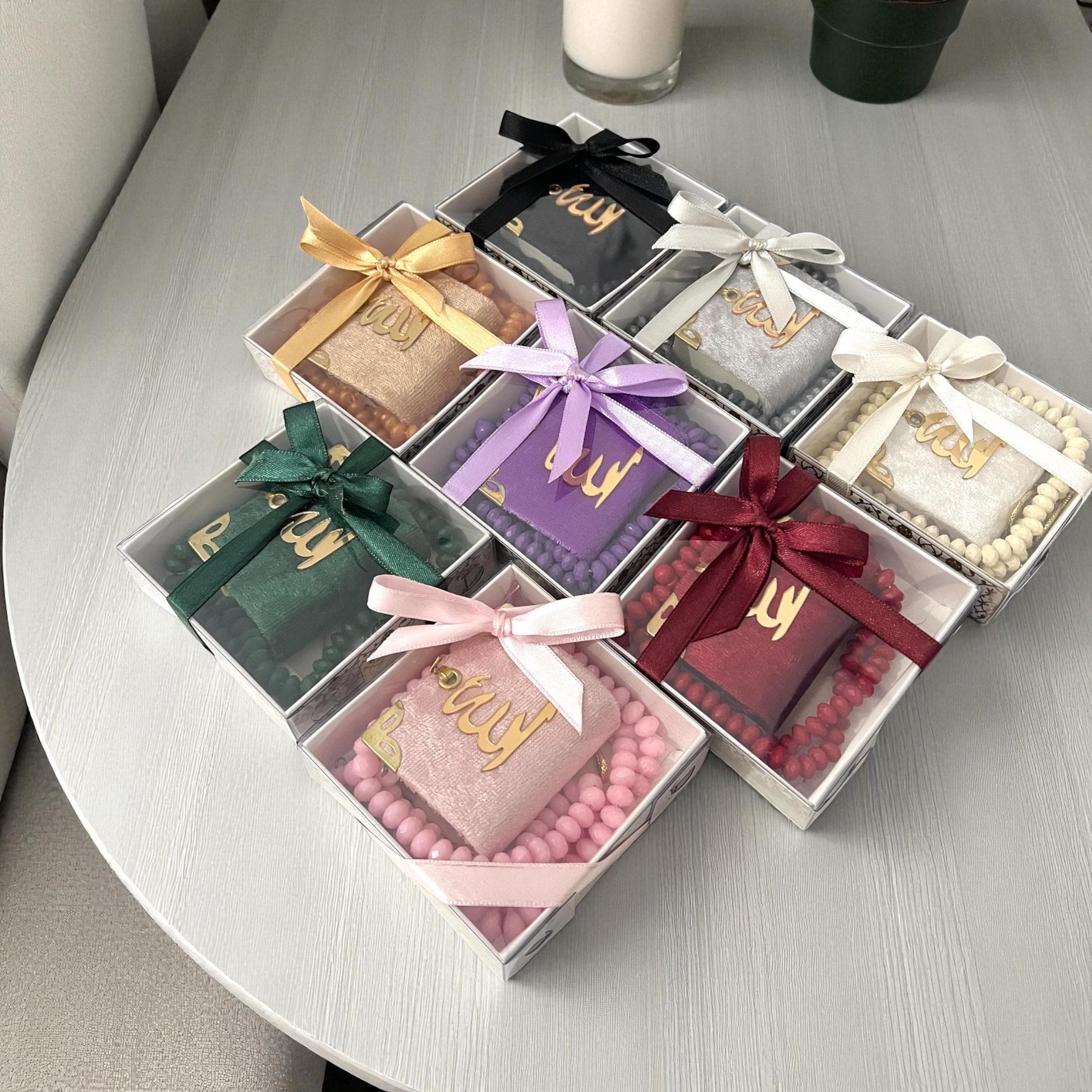 Mini Quran Pearl Tasbeeh Gift Set | Velvet Decorated Box, Muslim Favors