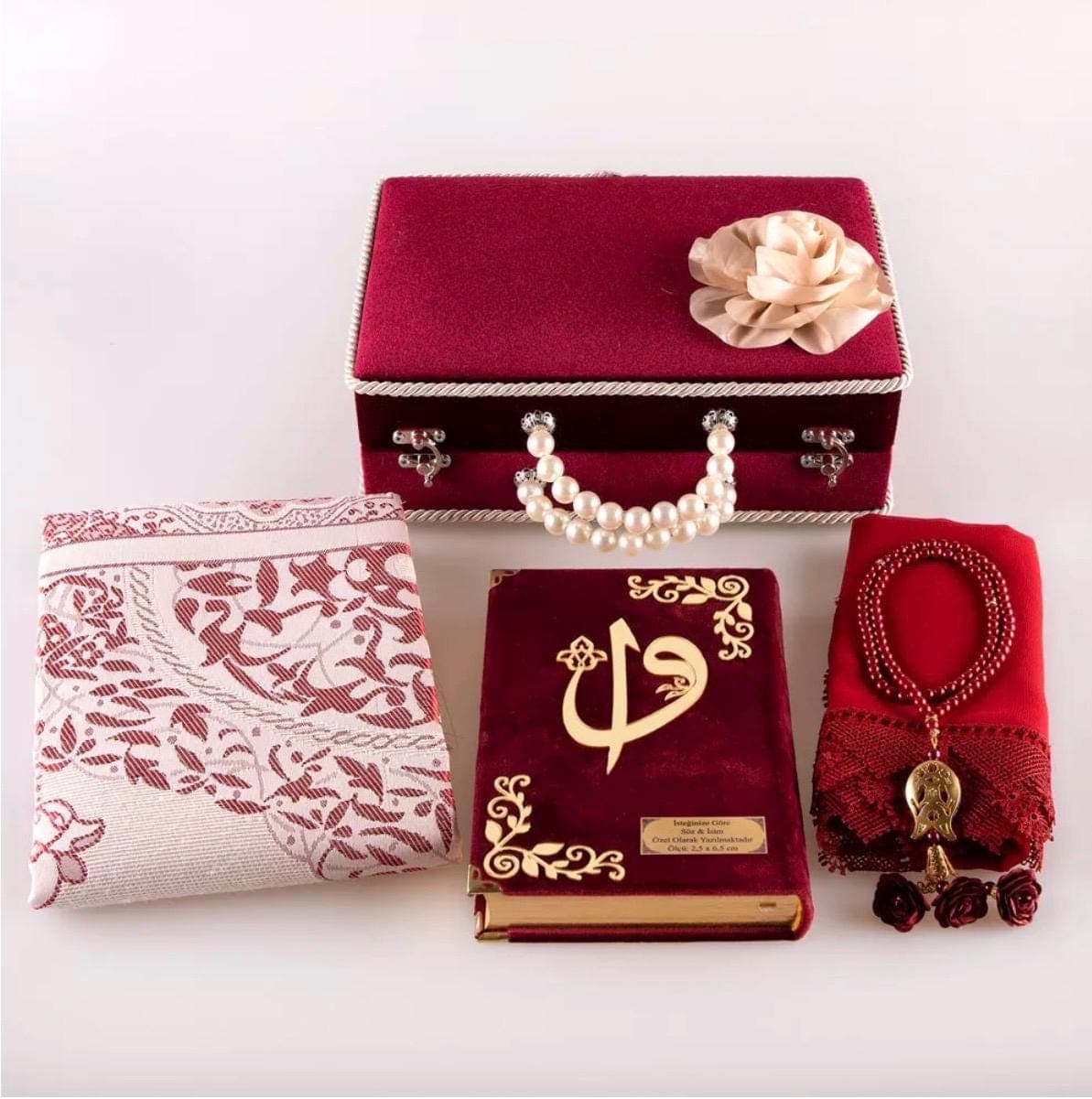 Burgundy Velvet Beaded Box Islamic Bridal Gift Set: Quran, Prayer Mat, Shawl, Beads