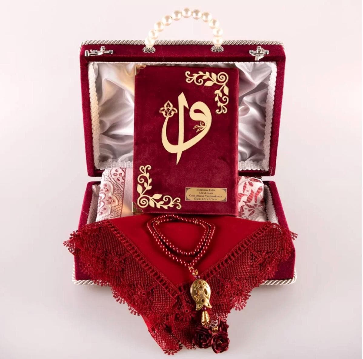 White Velvet Bridal Gift Set: Quran, Shawl, Prayer Mat, Beads - image 5
