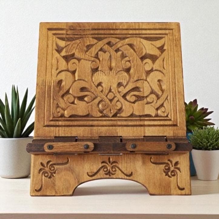 Hand Carved Wooden Quran Stand: CookBook Holder, Lectern, Elegant Islamic Decor, Ramadan Gift - image 3
