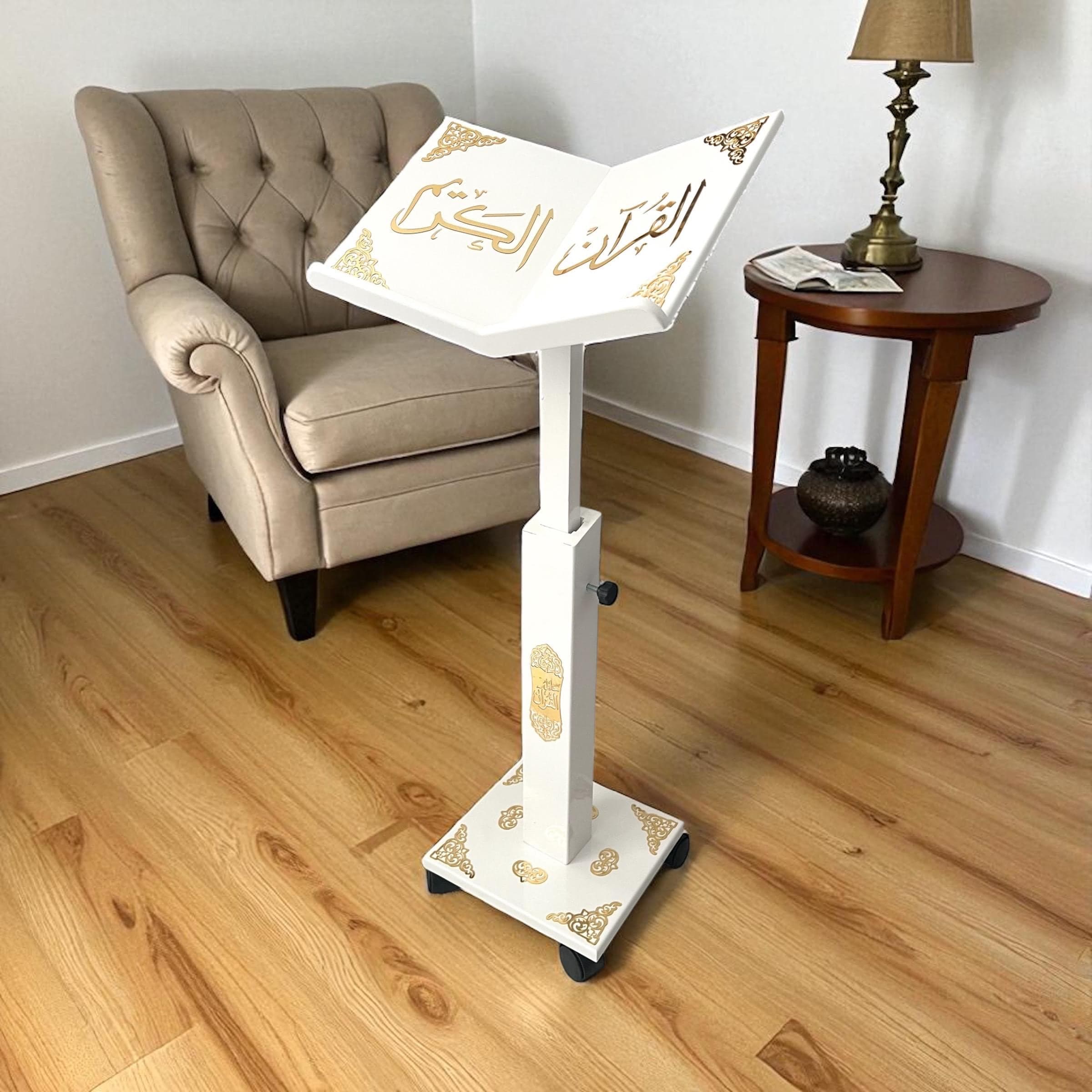 White Wooden Quran Stand: Adjustable Height Lectern with Wheels | Quran Holder | Islamic Ramadan Gift