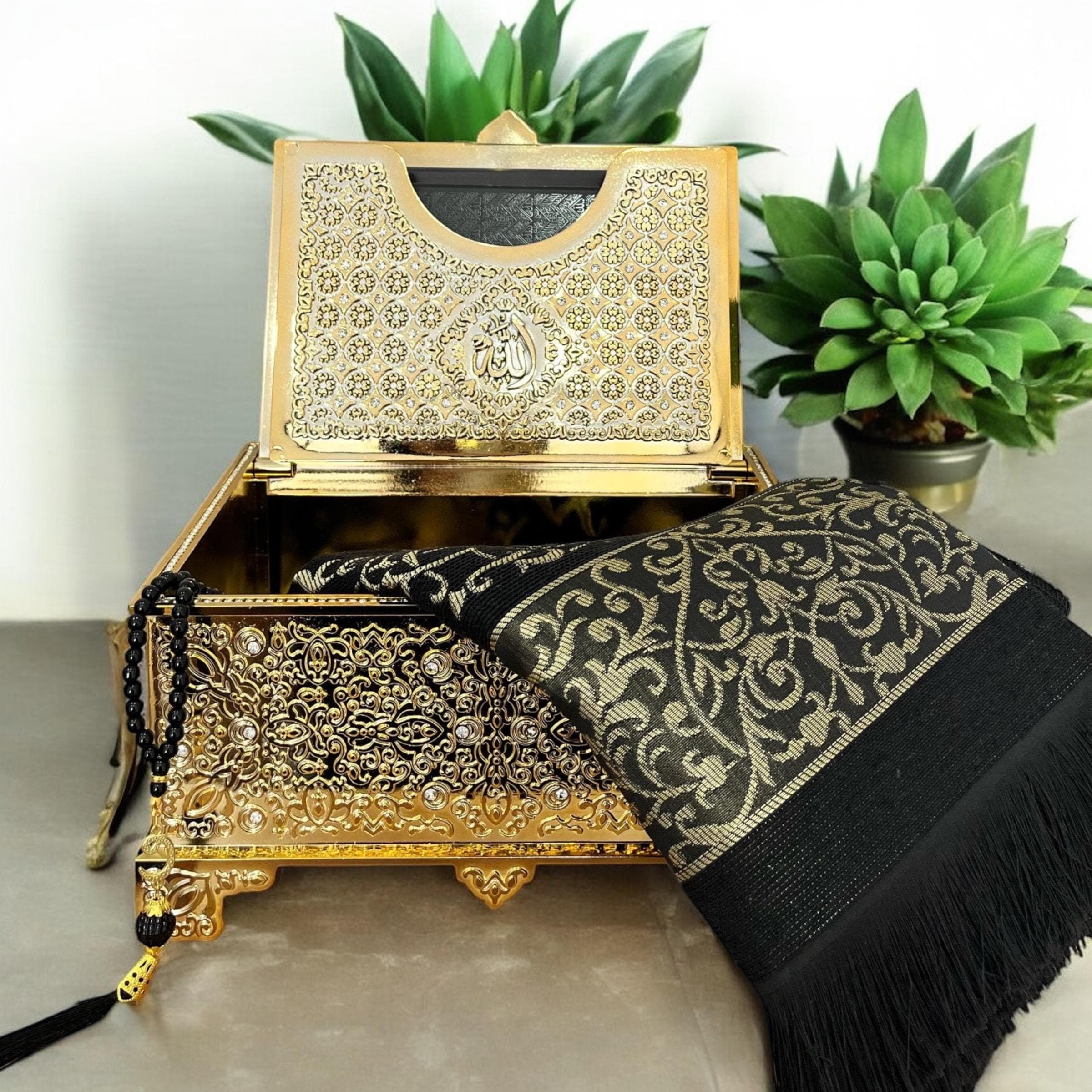 Personalized Boxed Quran Gift Set: Prayer Rug & Tasbeeh Included, Nikkah, Hajj, Umrah, Housewarming Gift