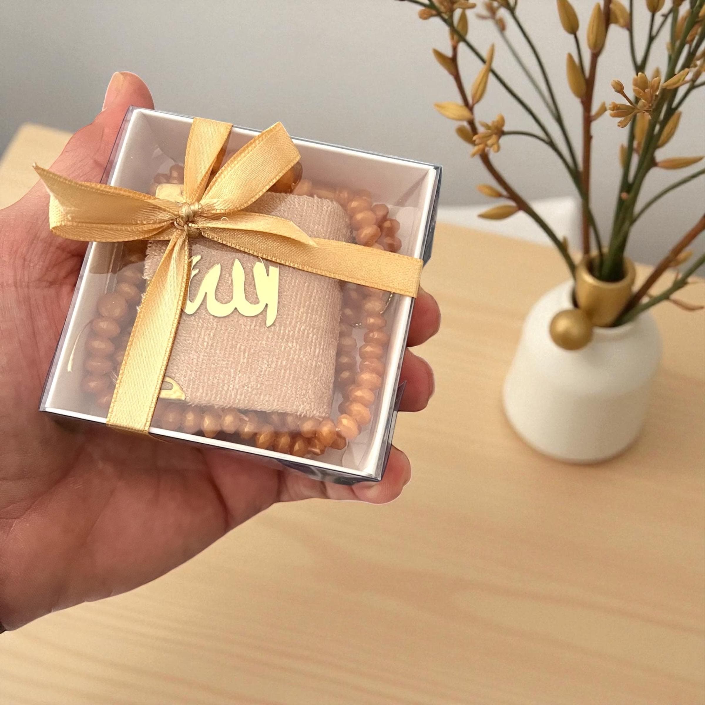 Mini Quran Pearl Tasbeeh Gift Set | Velvet Decorated Box, Muslim Favors - image 3