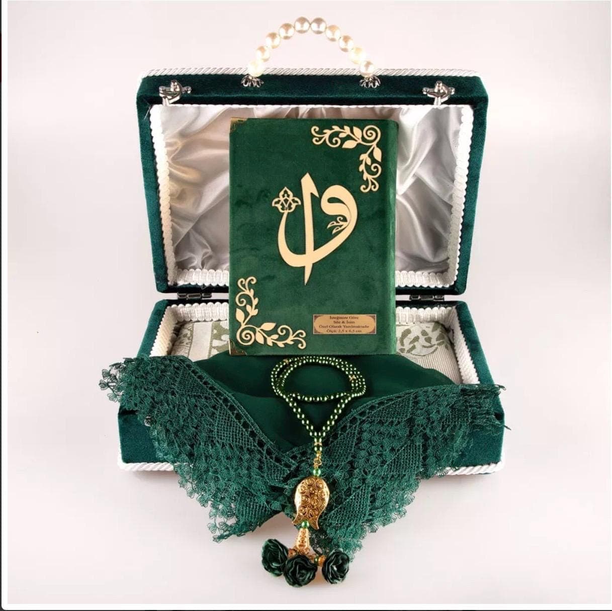 Green Velvet Islamic Bridal Gift Set: Quran, Shawl, Prayer Mat, Beads - image 3