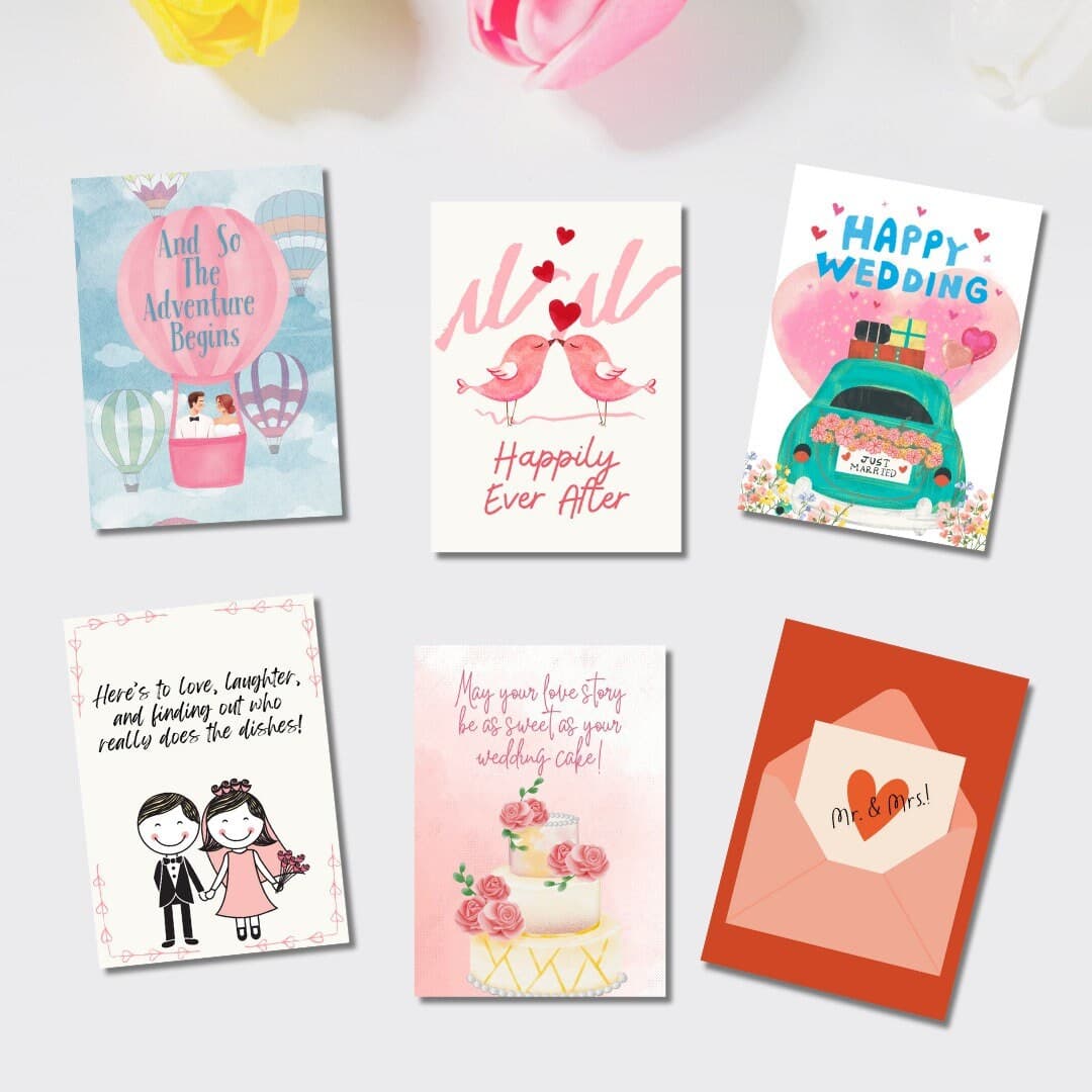 Wedding Cards Set of Six, Illustrated Card Stock