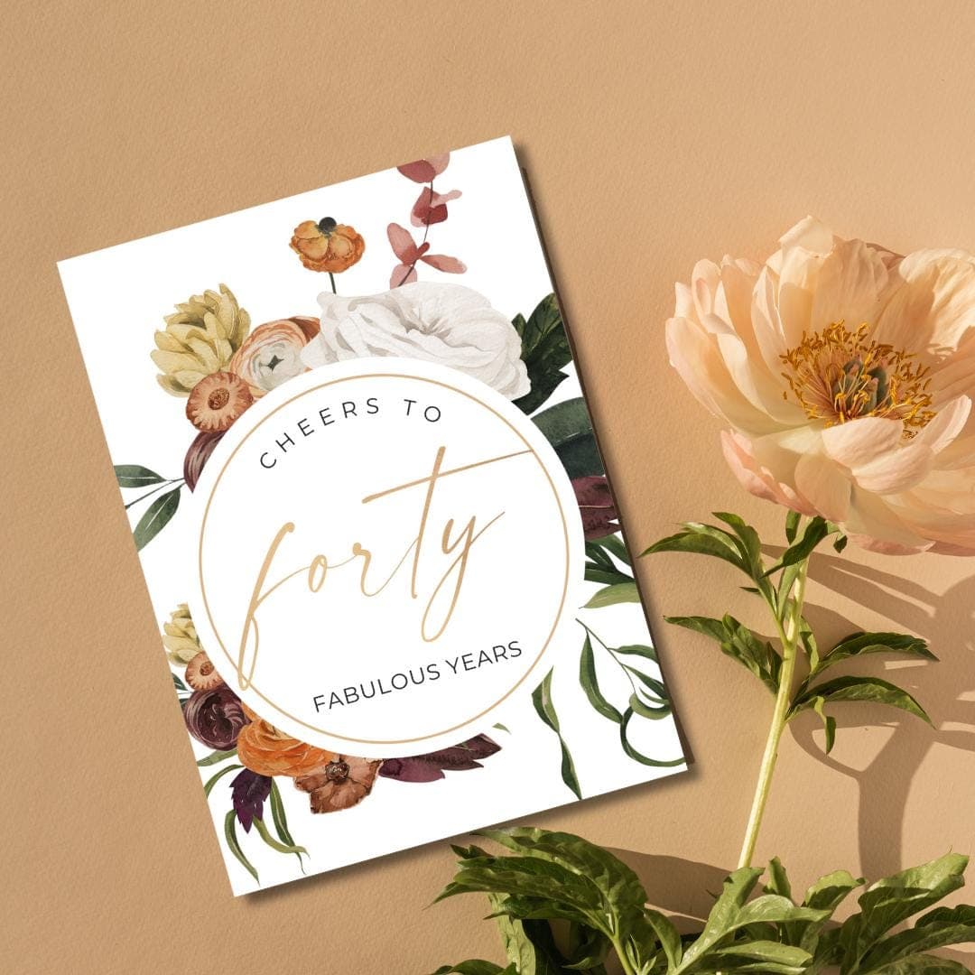 Floral 40th Birthday Card, Cheers to Forty, Personalized Greeting