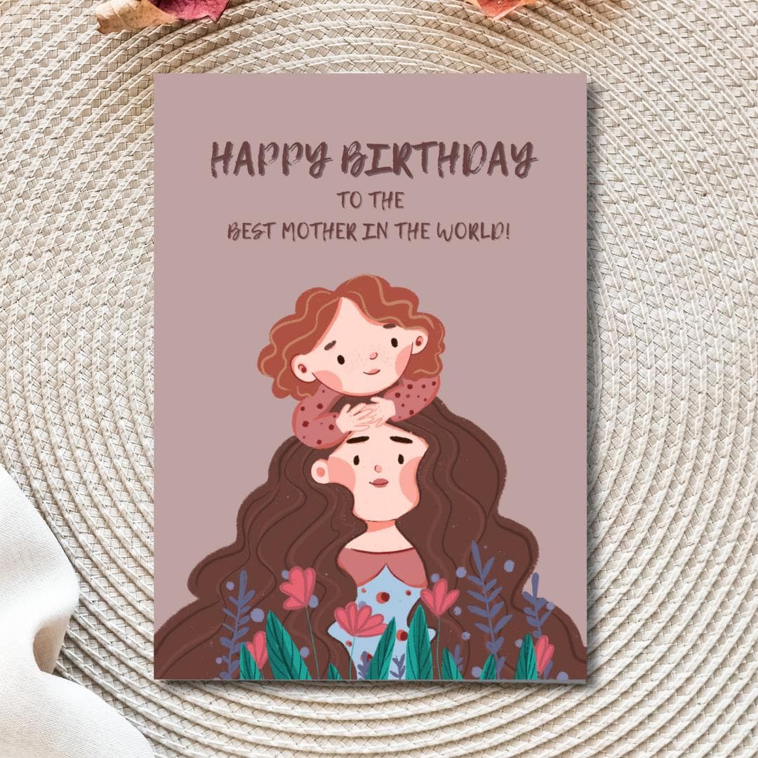 Happy Birthday Mom Card, Mother-Daughter Illustration
