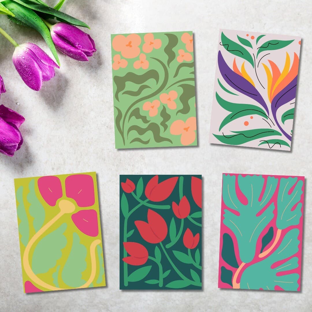 Floral Blank Card Set, Botanical Art, Pack of Five