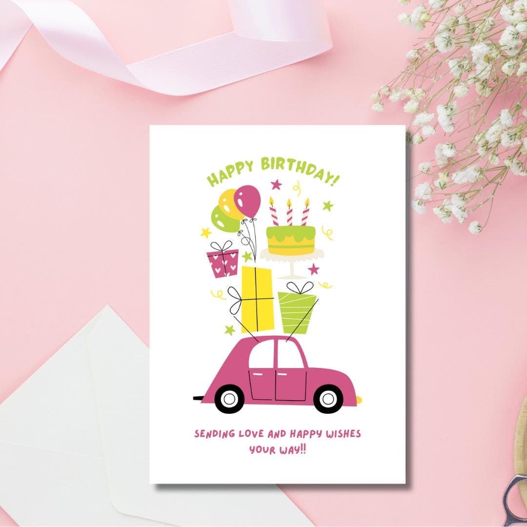 Birthday Card: Car with Gifts Design, 4.25x6.25, Blank Inside