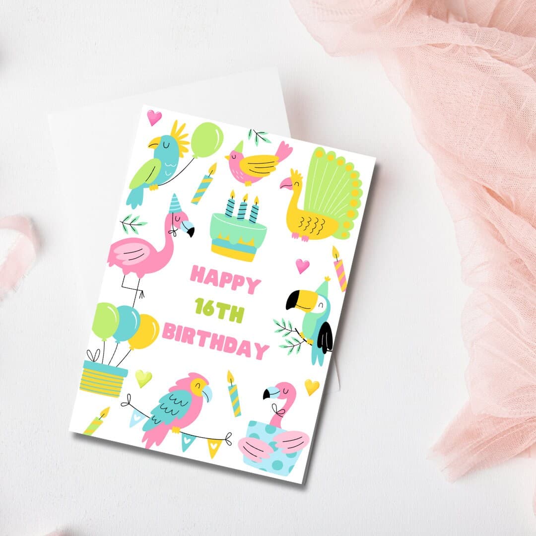 Sweet 16 Birthday Card, Tropical Bird Theme