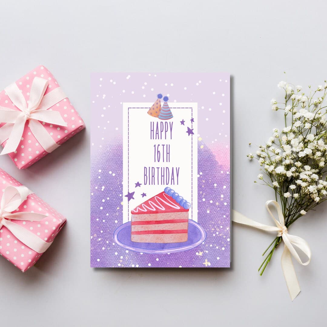 Sweet 16 Birthday Card, Purple Cake Design