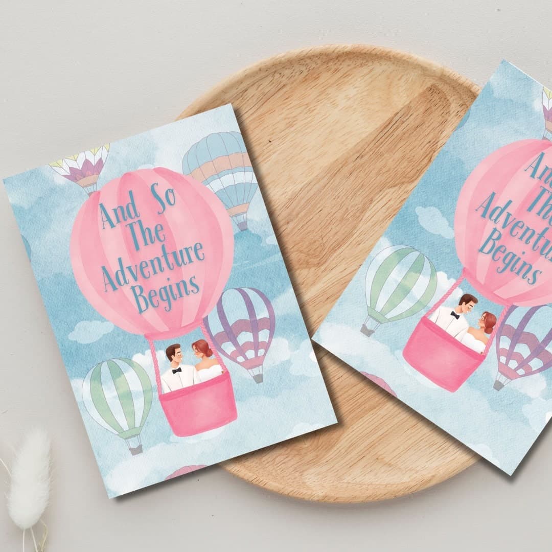 Adventure Begins Wedding Card: Hot Air Balloon Design