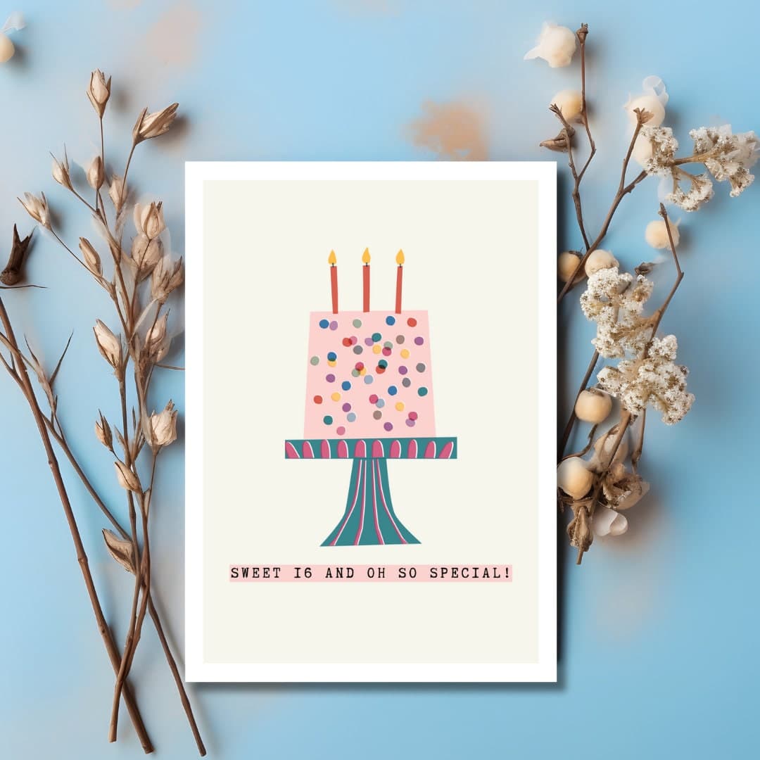 Sweet 16 Birthday Card: Pink Cake Illustration