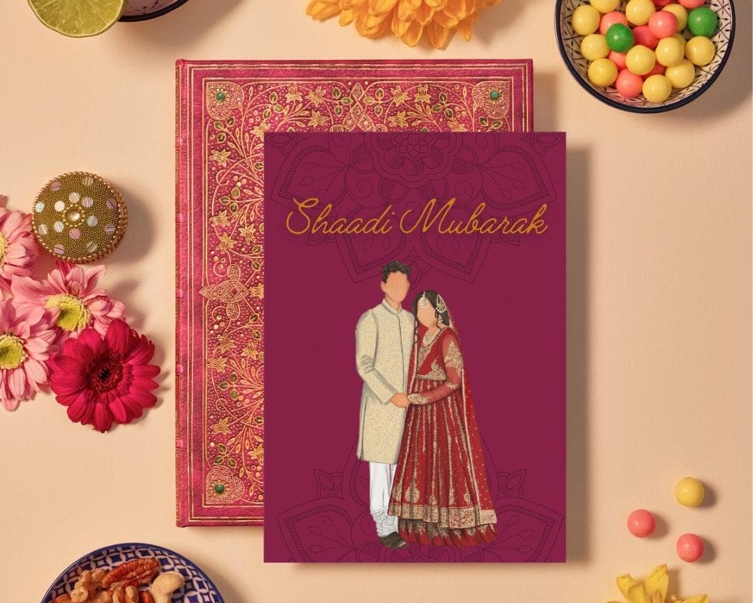 Shadi Mubarak Wedding Card, Indian Pakistani Bride and Groom