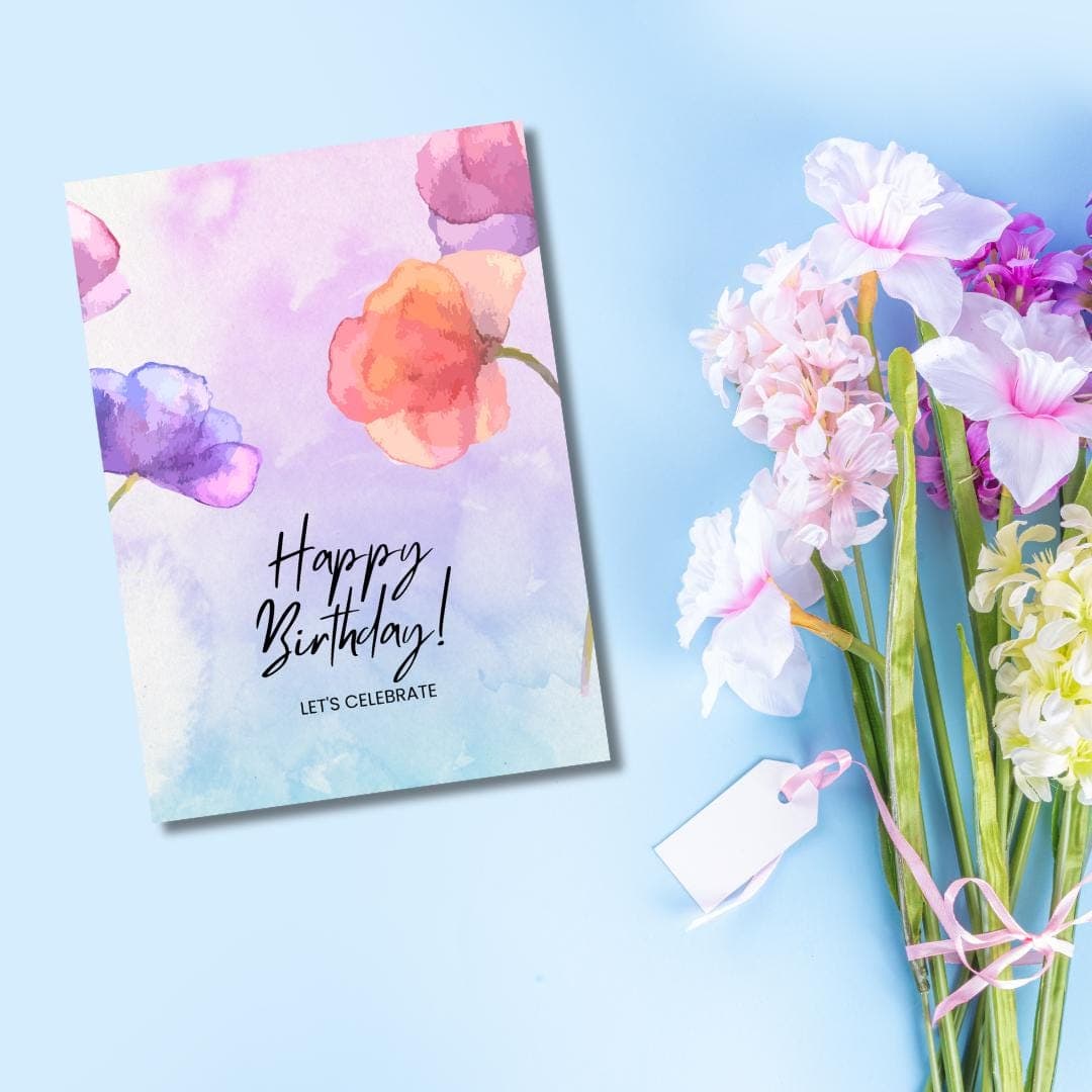 Floral Watercolor Happy Birthday Card, Blank Inside