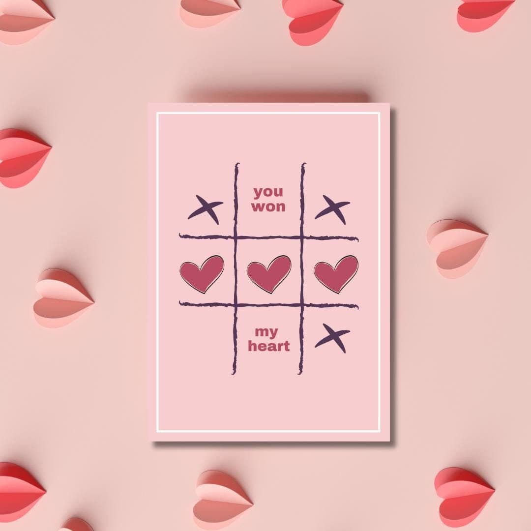 Happy Valentines Day Greeting Card, Valentines Day , You Won My Heart Valentines Day Card, Tik Tac Toe Valentines Day Card