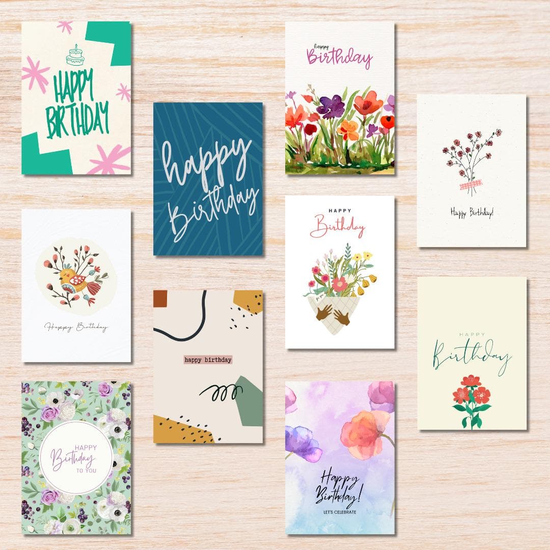 Floral Birthday Cards Set, Blank Inside, 10 Pack