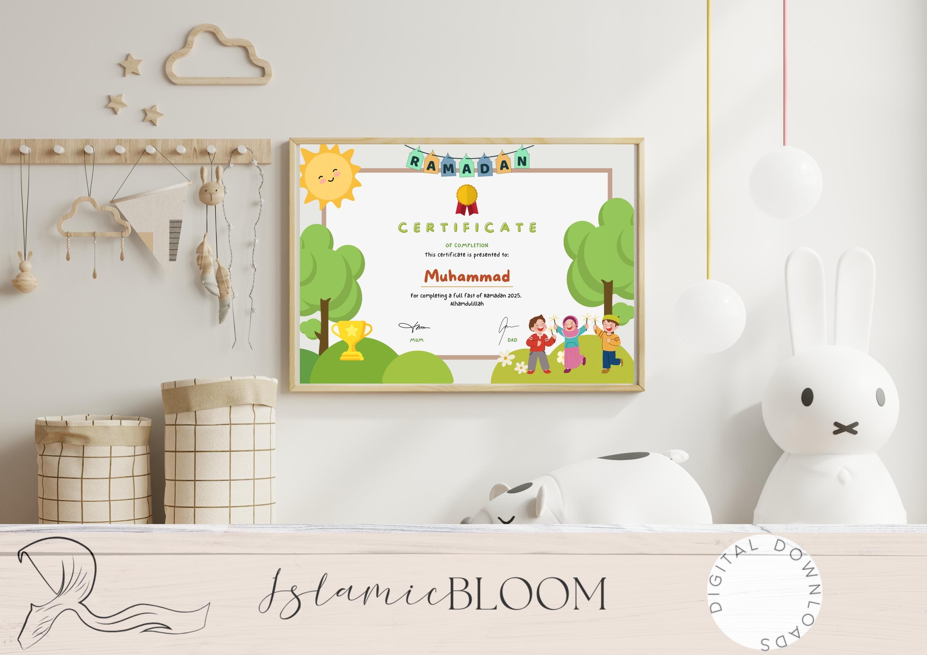 a colorful and playful Ramadan fasting certificate for kids, designed to celebrate their achievement of completing a full fast during Ramadan 2025.