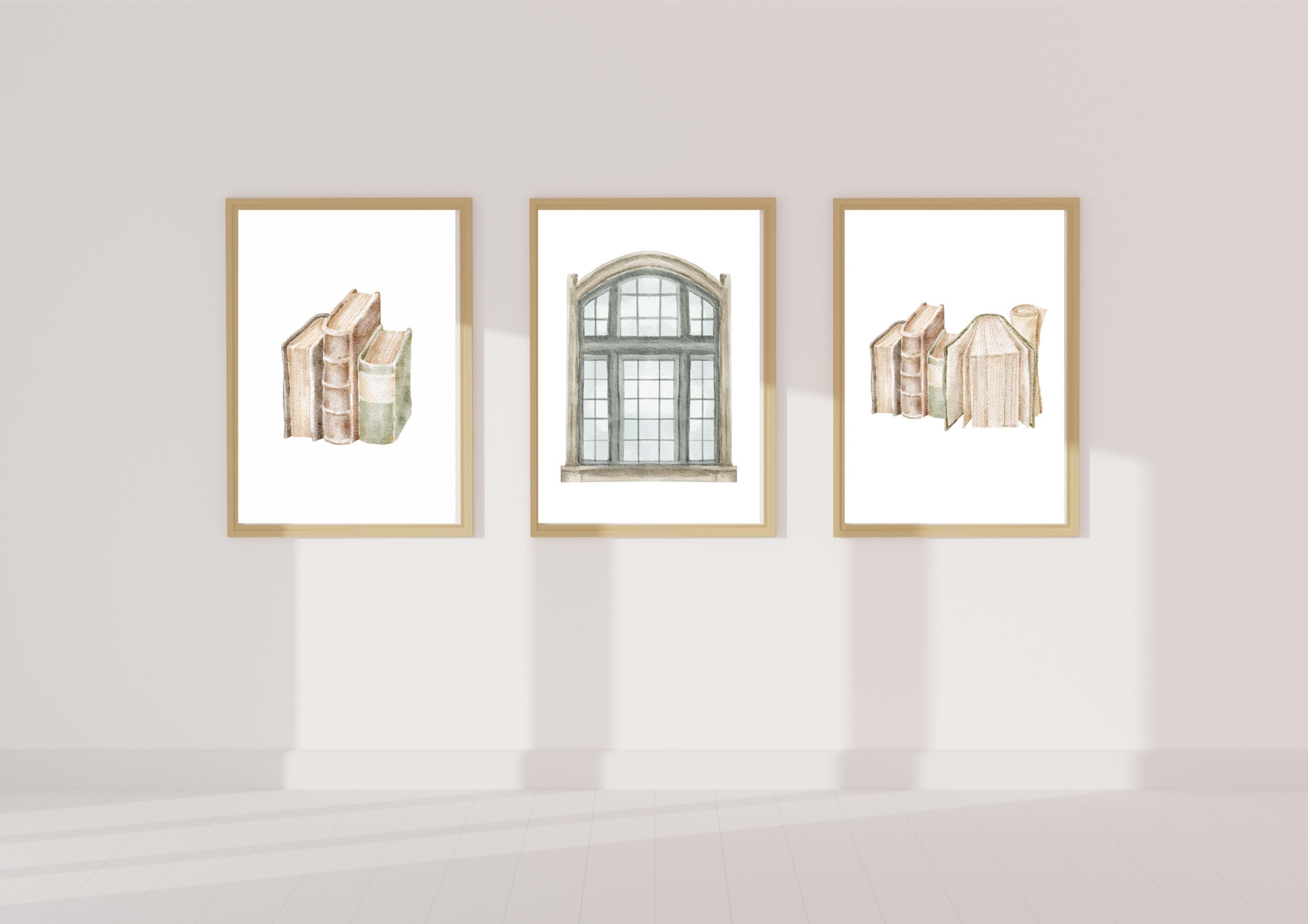 Vintage Books & Window Watercolor Art Prints (Digital Download)