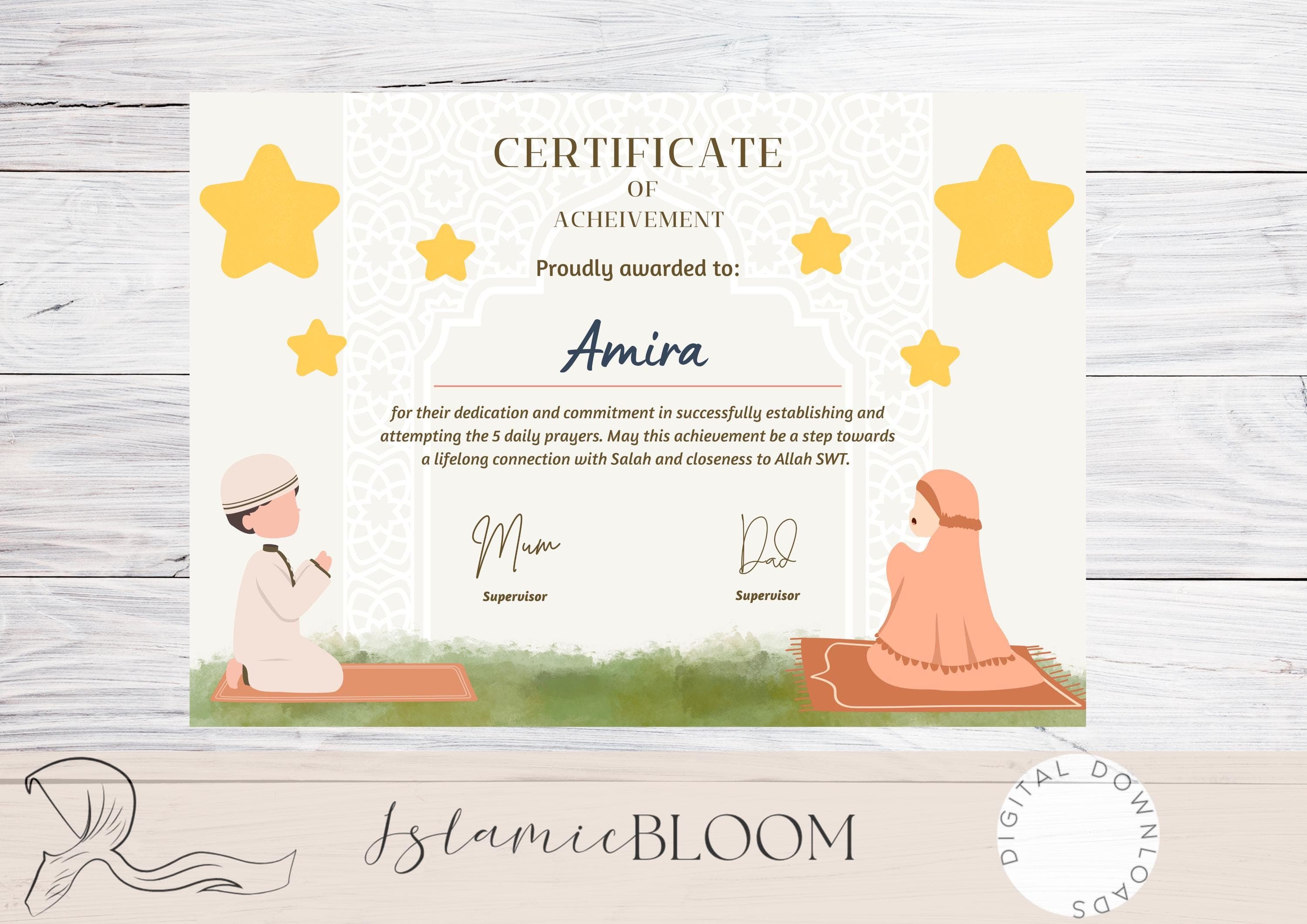Islamic Prayer Certificate for Kids – Muslim 5 Prayers Award (Printable)