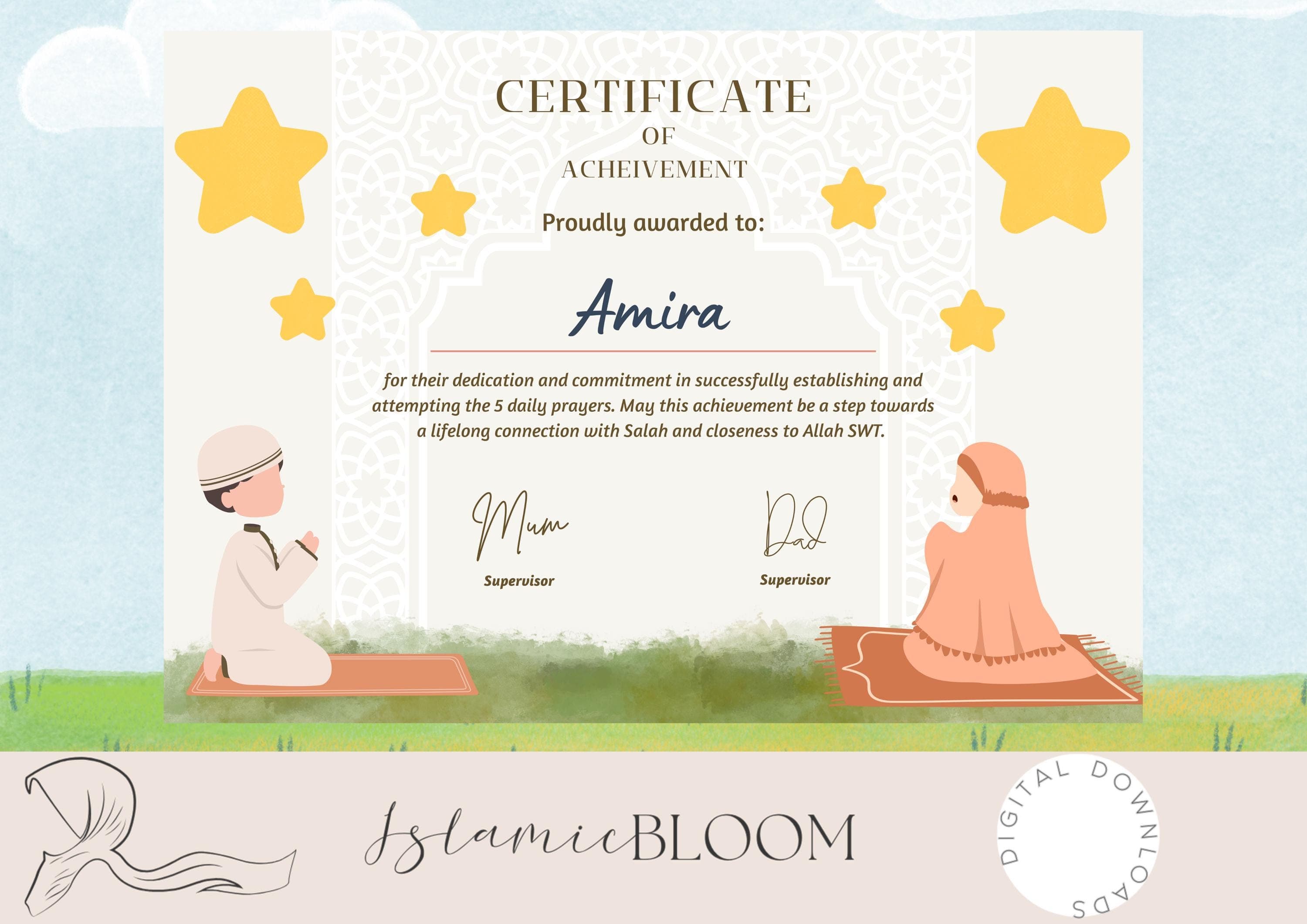 Islamic printable for kids Salah certificate 5 daily prayers