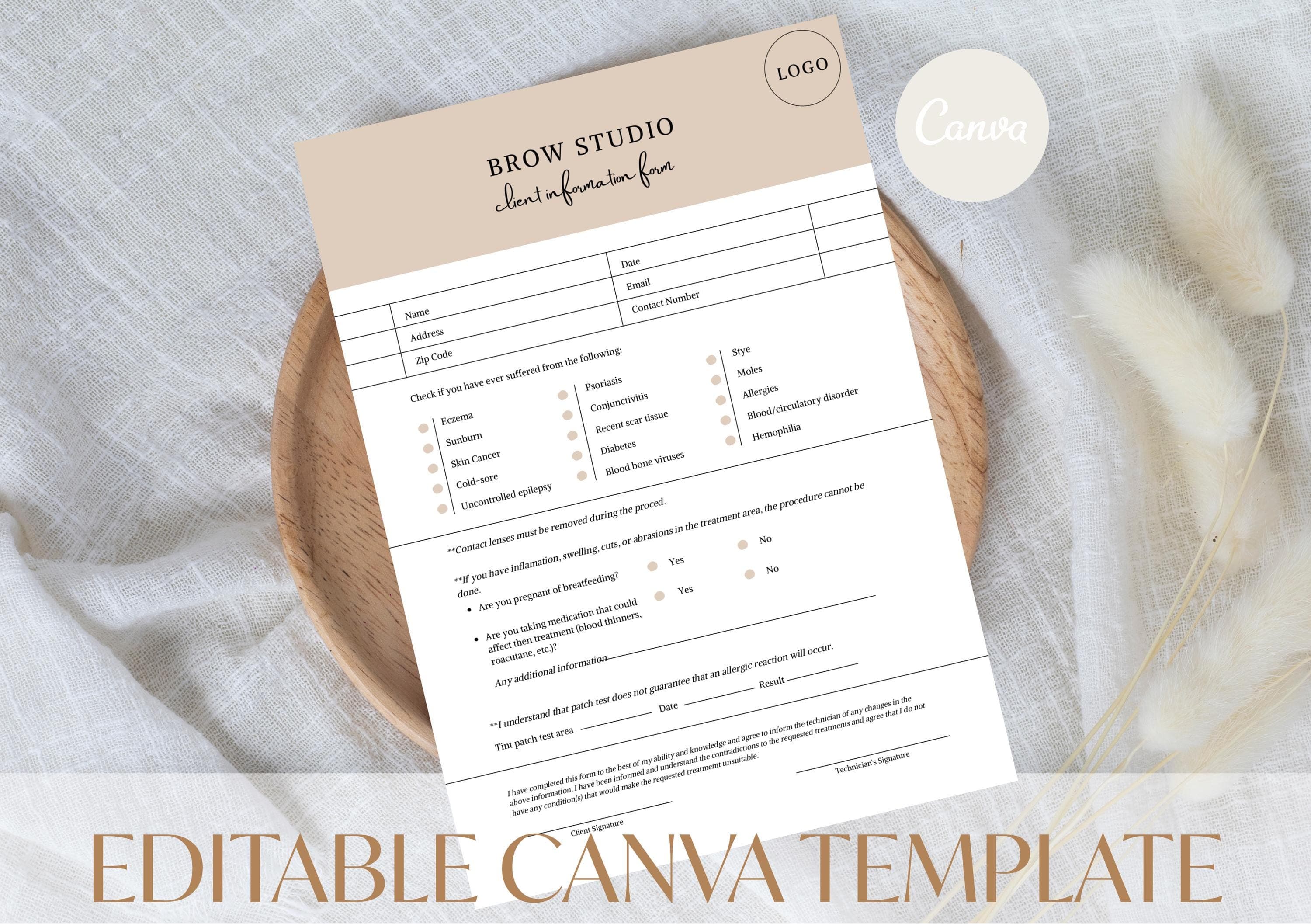 Editable Brow Studio Client Consultation Form | Lash & Beauty Salon Intake (Canva Template)