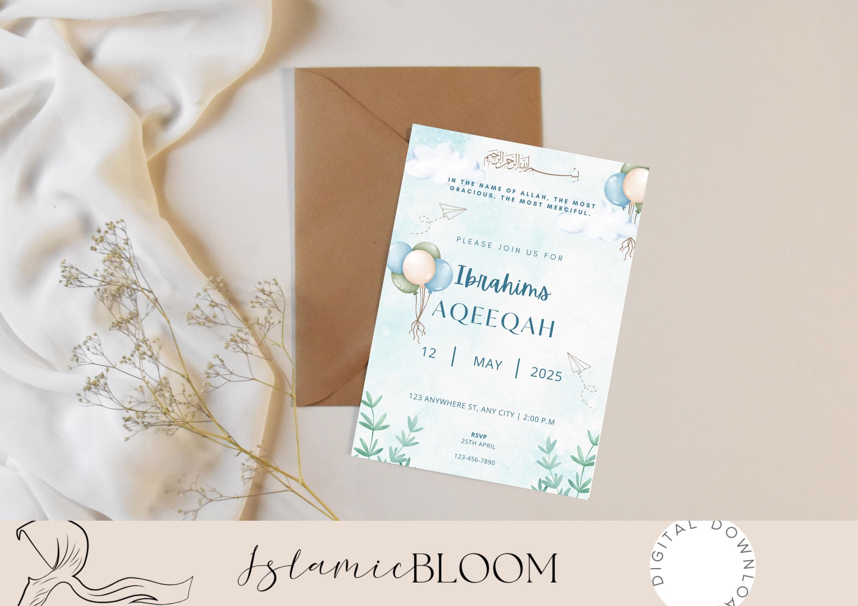 Blue Aqiqah Invitation for Boy – Islamic Baby Announcement (Digital) - image 3