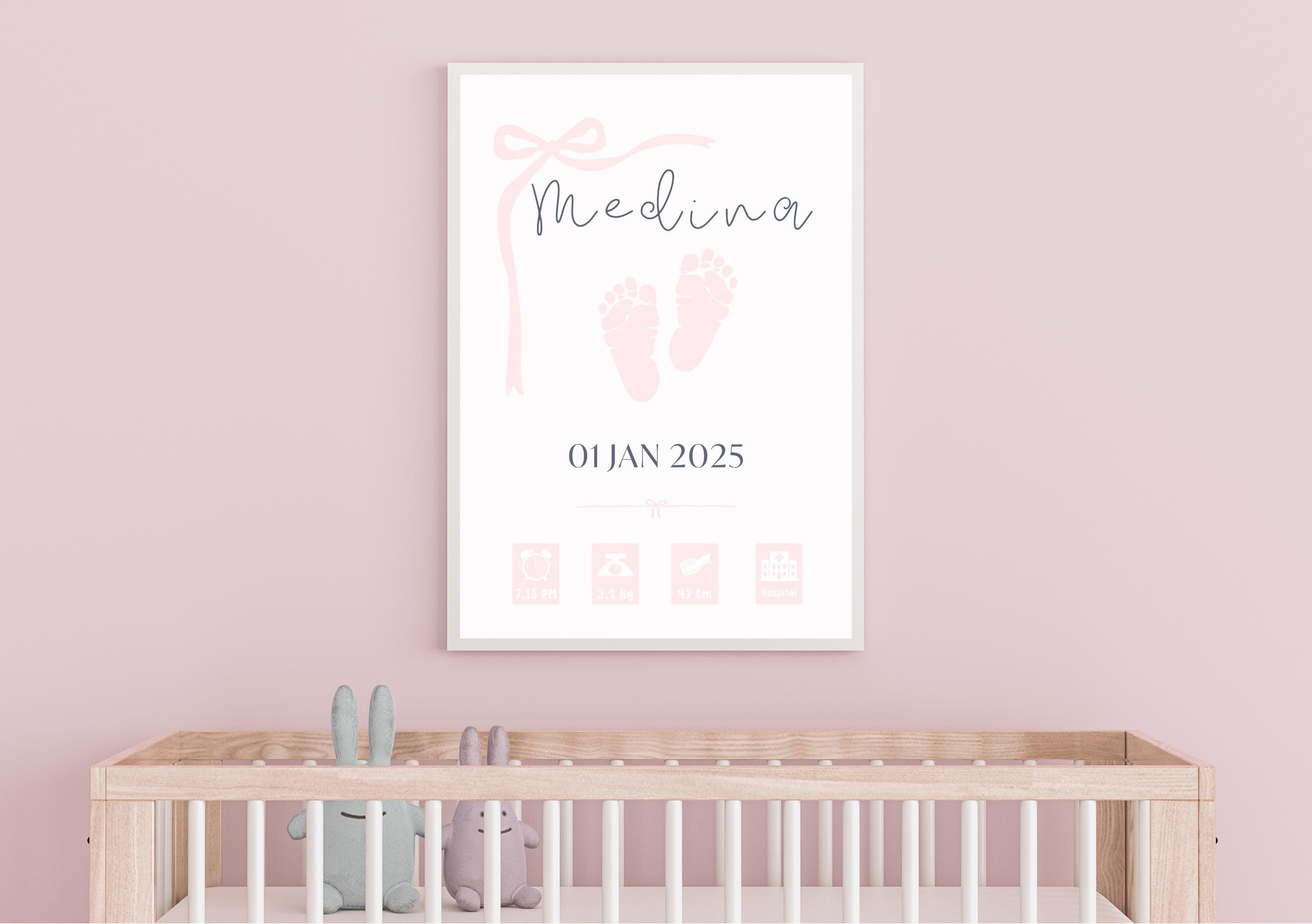 Personalized Baby Girl Birth Stats Print | Pink Nursery Decor (Digital Download)