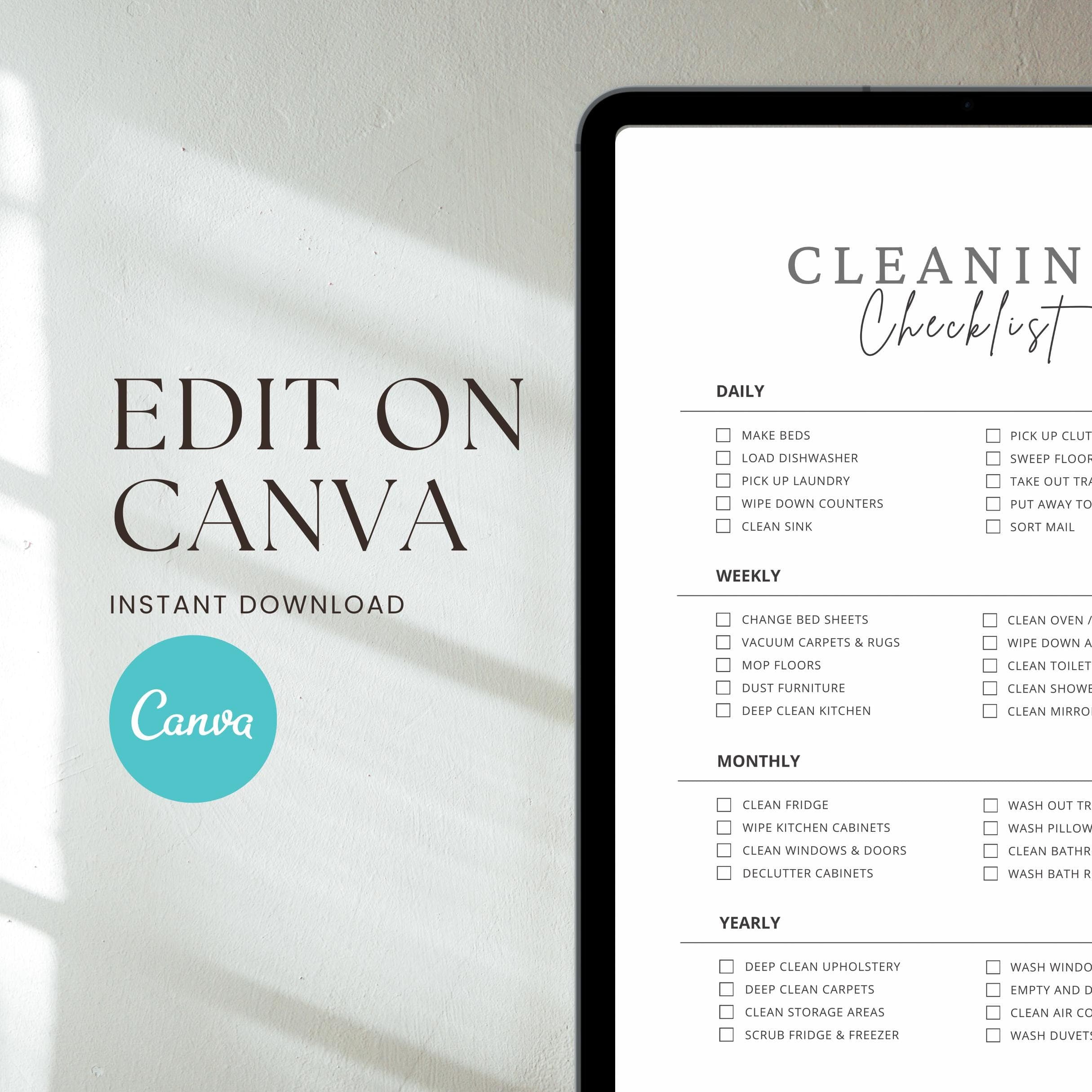 Editable Cleaning Checklist: Minimalist Chore List Canva Template (Digital Download)