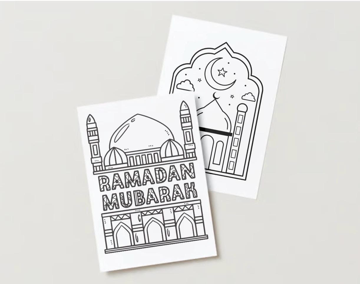 On the left, a large black and white coloring page features an illustration of a mosque with minarets and the words “RAMADAN MUBARAK” written in bold block letters. This serves as the cover page or one of the main pages of the printable activity book
