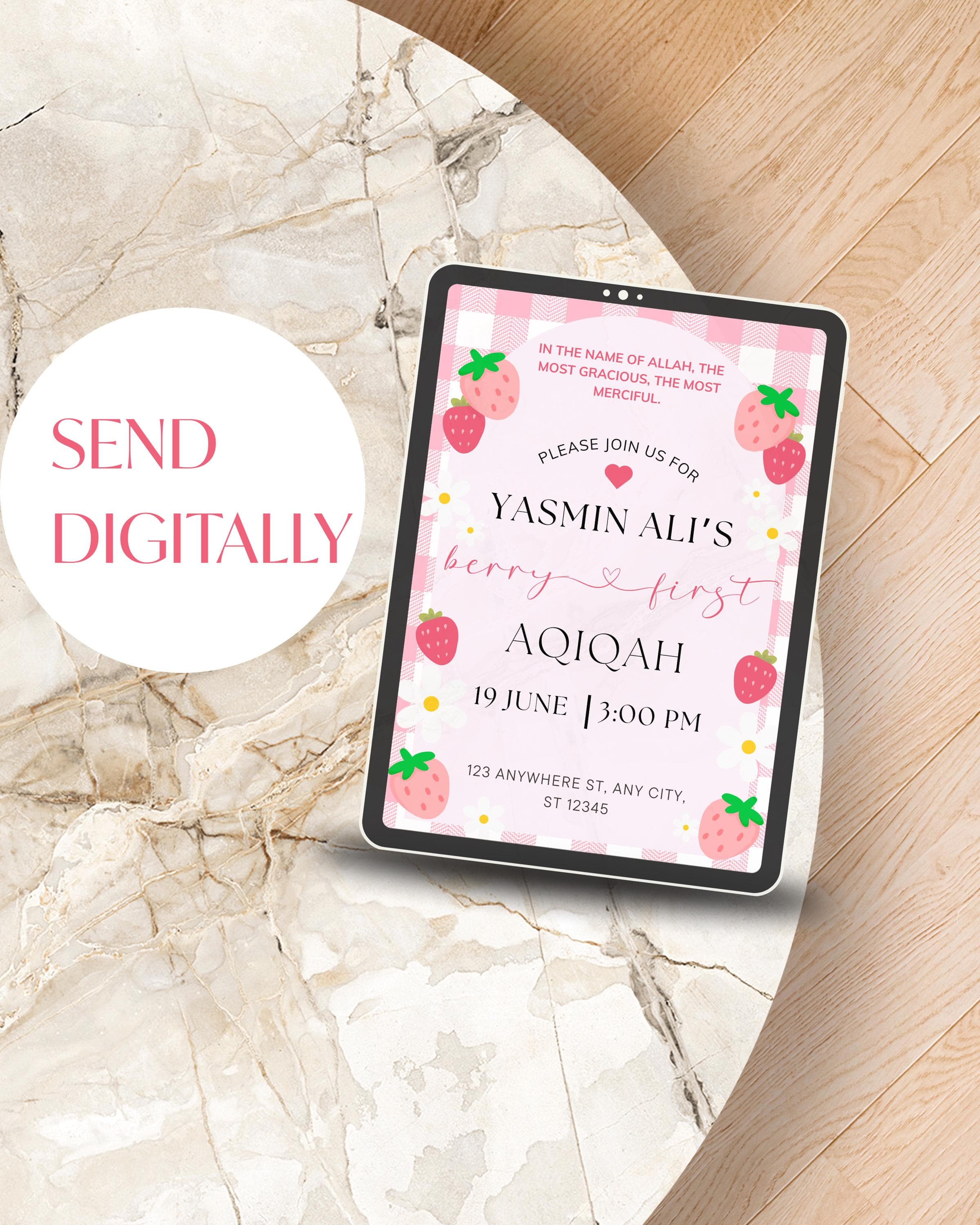 Strawberry Aqiqah Personalised Invitation: Muslim Baby Girl Party (Digital File) - image 5