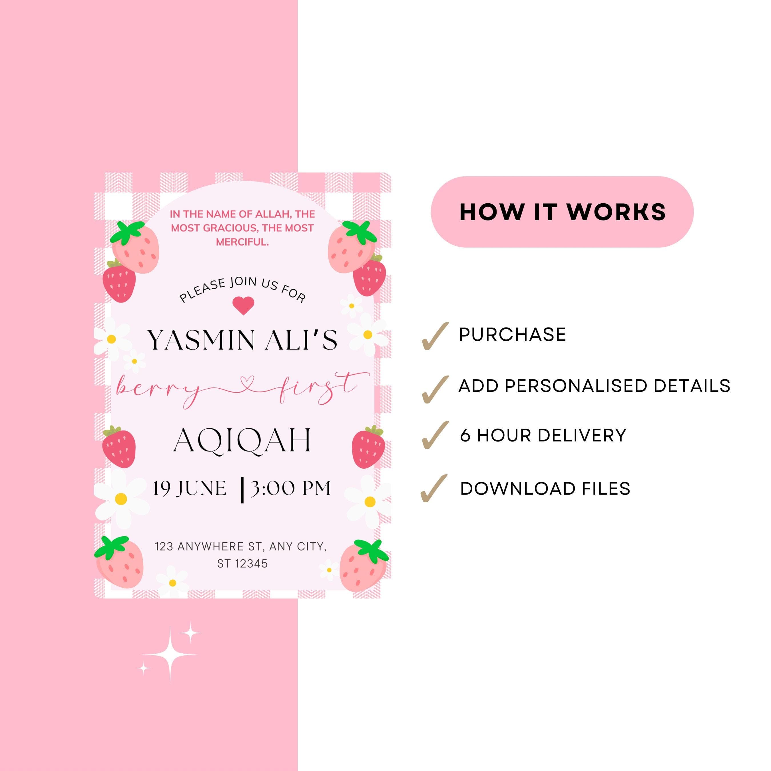 Strawberry Aqiqah Personalised Invitation: Muslim Baby Girl Party (Digital File) - image 4