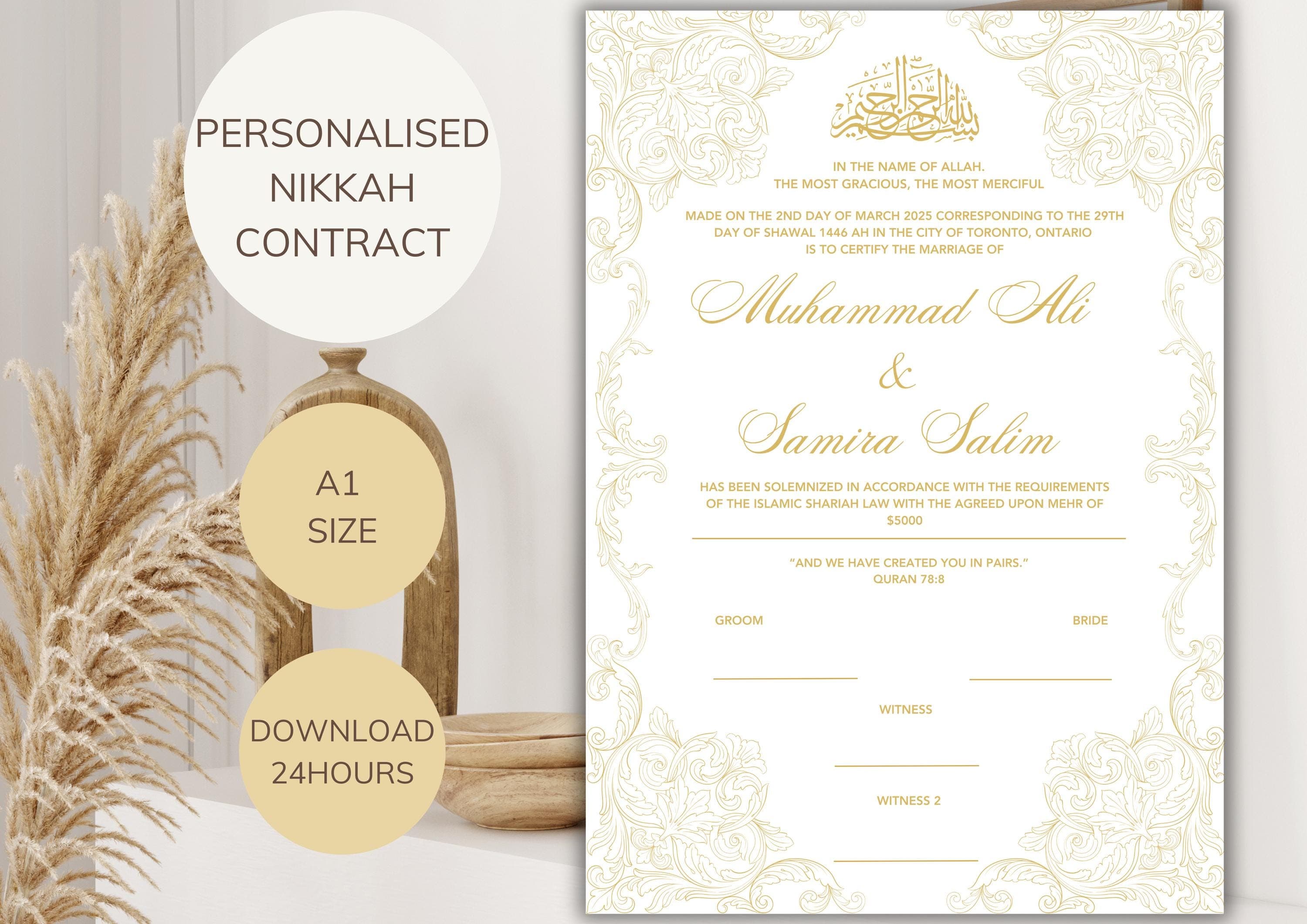 Personalized Islamic Nikkah Contract | Minimalist Wedding Certificate (Digital PDF) - image 3