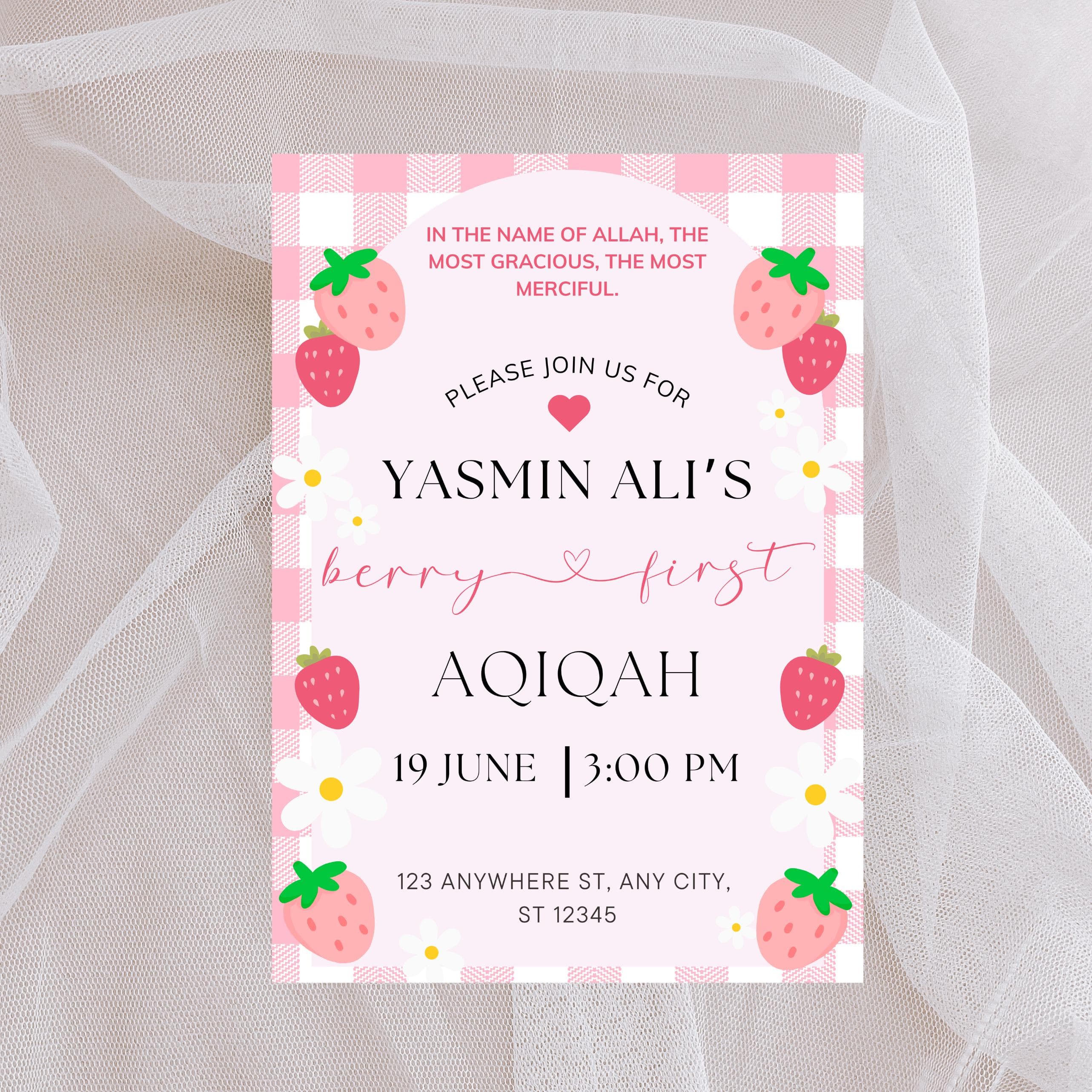Strawberry Aqiqah Personalised Invitation: Muslim Baby Girl Party (Digital File)