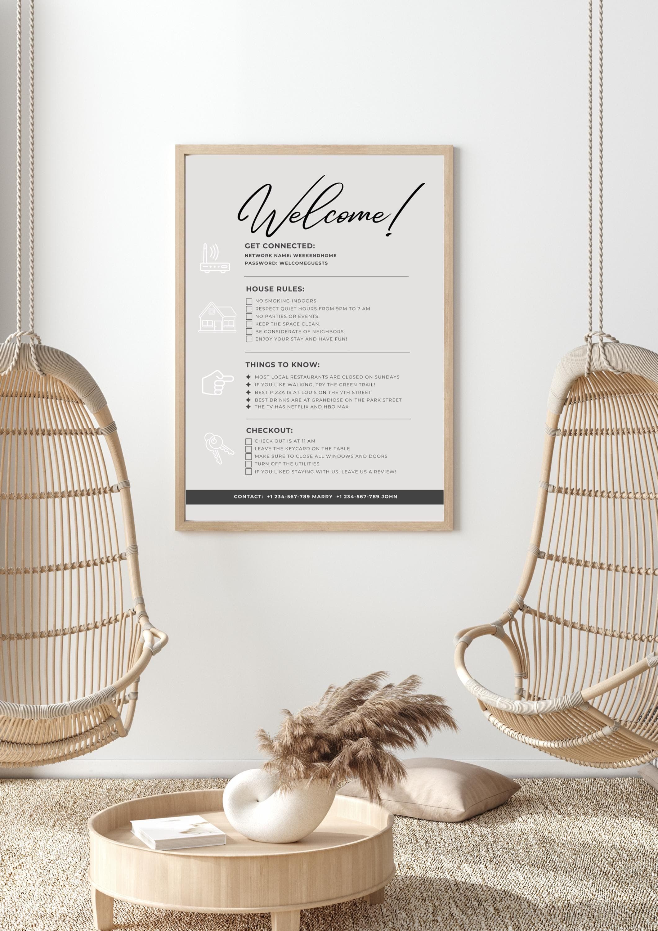 Editable Airbnb Welcome Sign Template: Minimalist Guest Info (PDF)