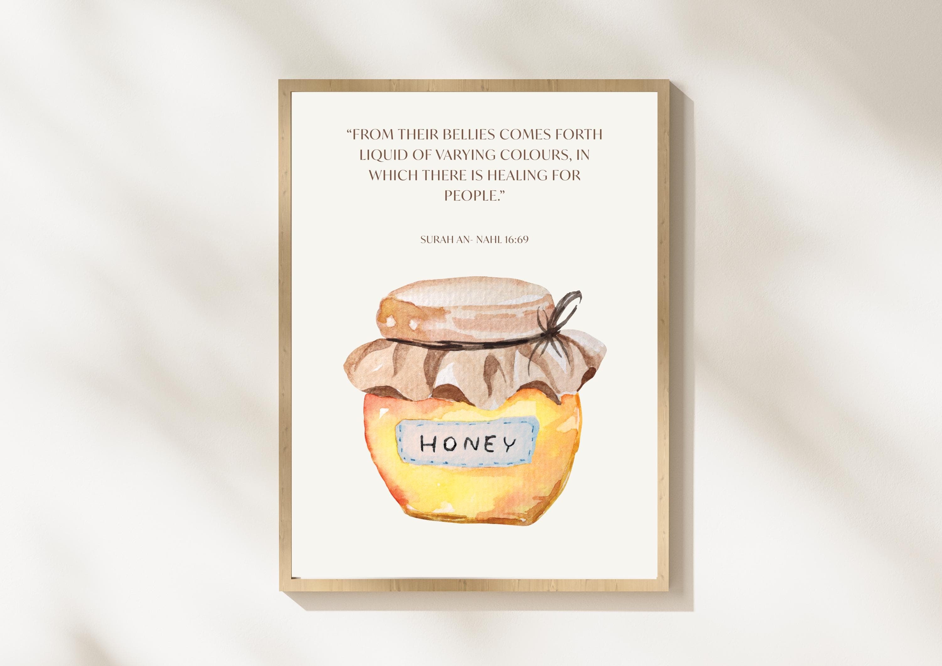 Islamic Honey Quran Verse Wall Art Boho Watercolor Print (Digital Download) Kitchen Wall Decor