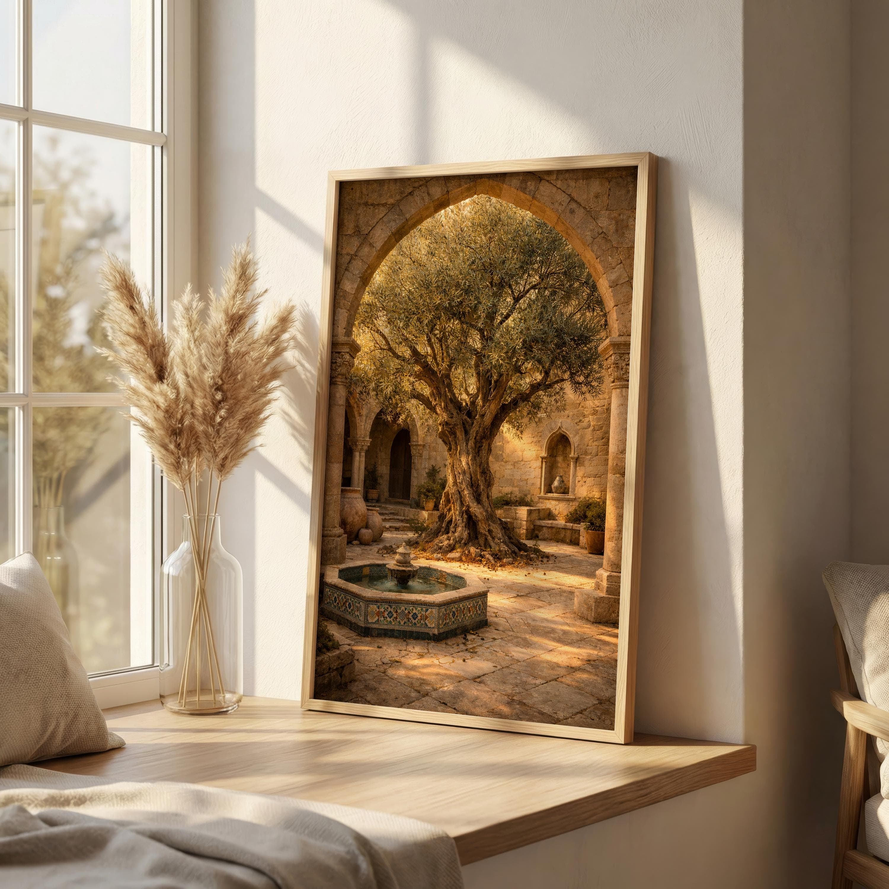 Olive Tree Courtyard Wall Art, Middle Eastern Garden Print, Palestine Stone Arch Poster, Rustic Fountain Decor - image 4